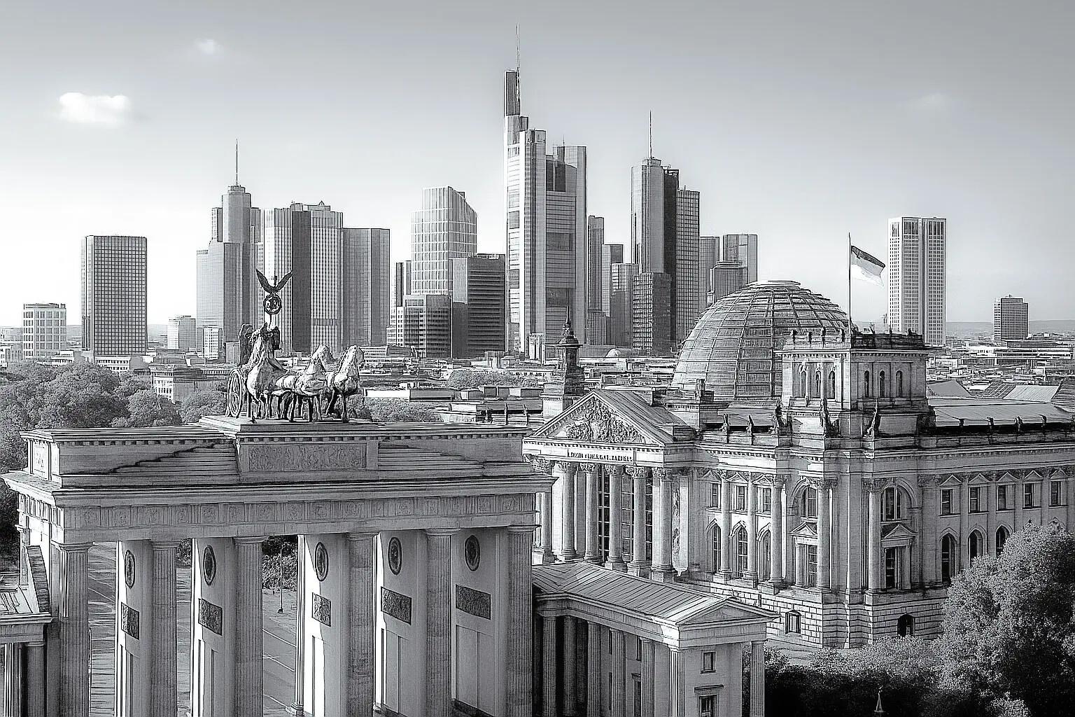Skyline Frankfurt und Berlin in schwarz und weiß