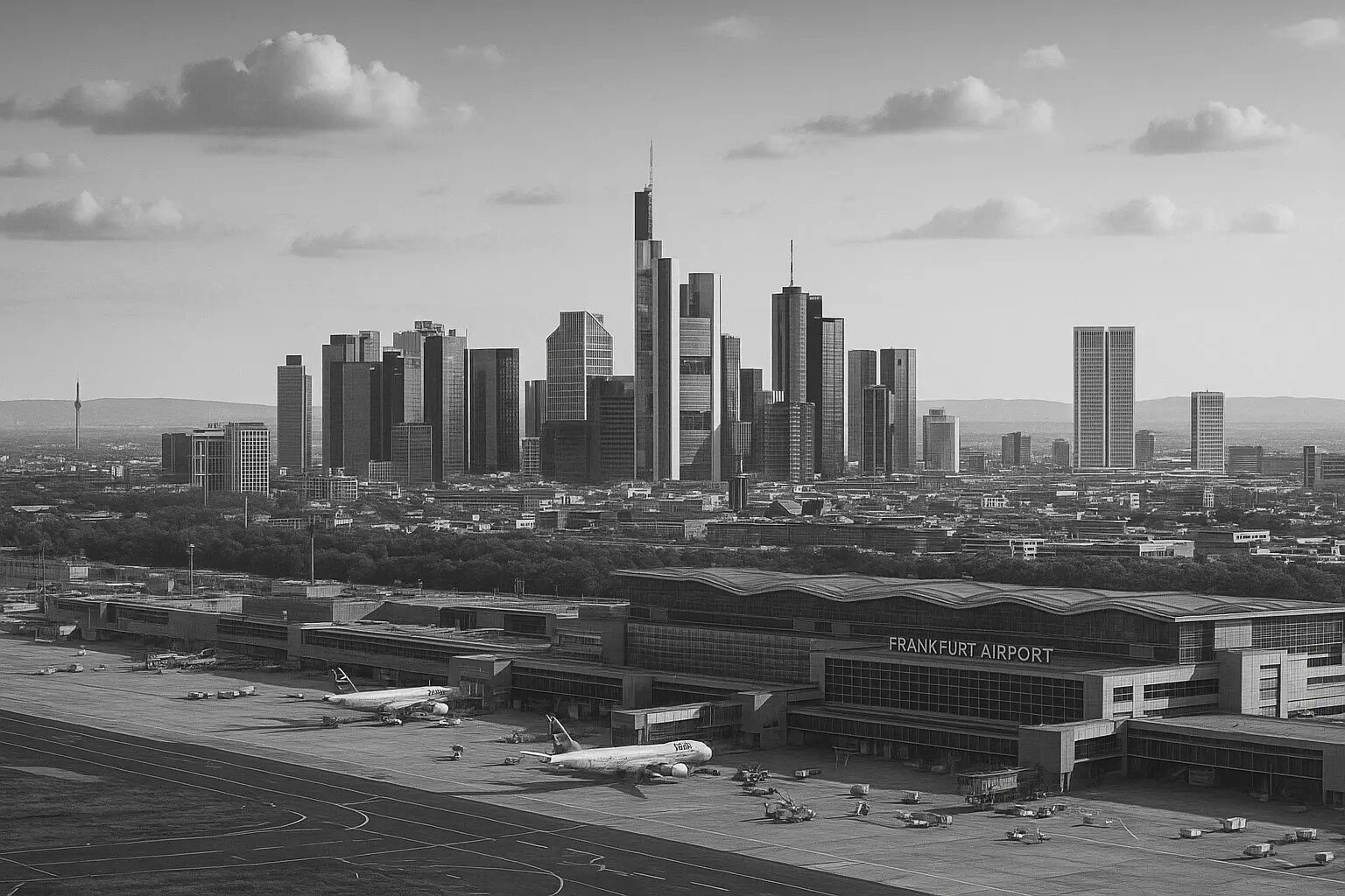 Frankfurter Flughafen in schwarz und weiß