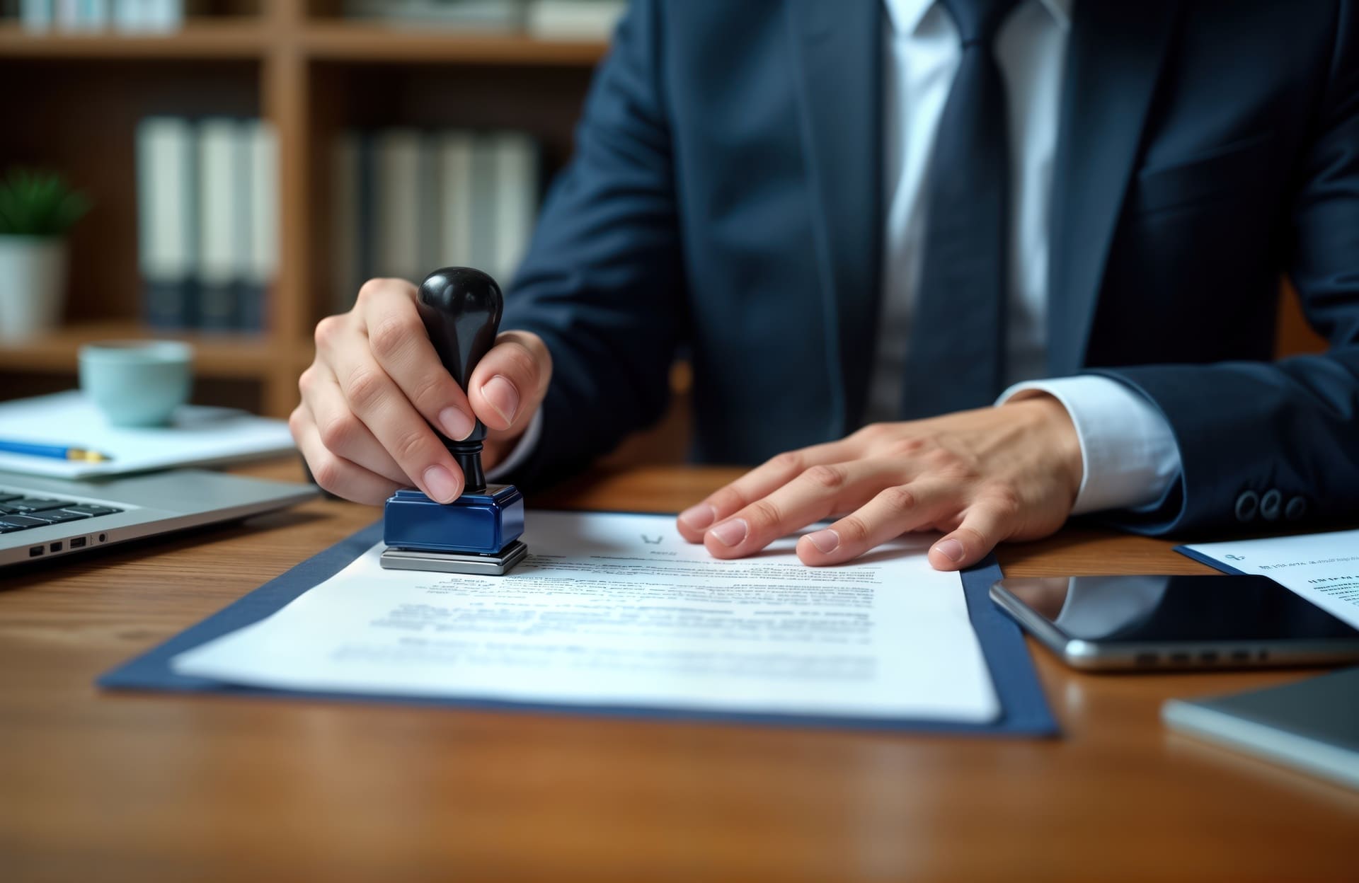 Mann in formeller Kleidung stempelt Dokument in einem Büro.