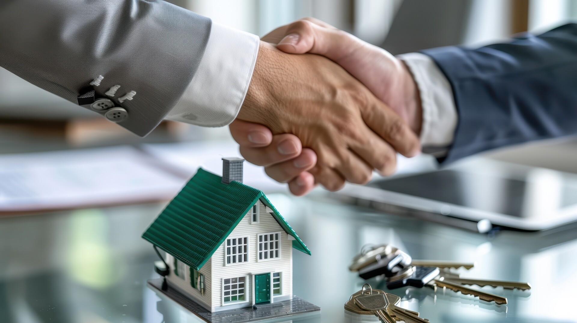 Männer schütteln sich die Hand über Hausmodell