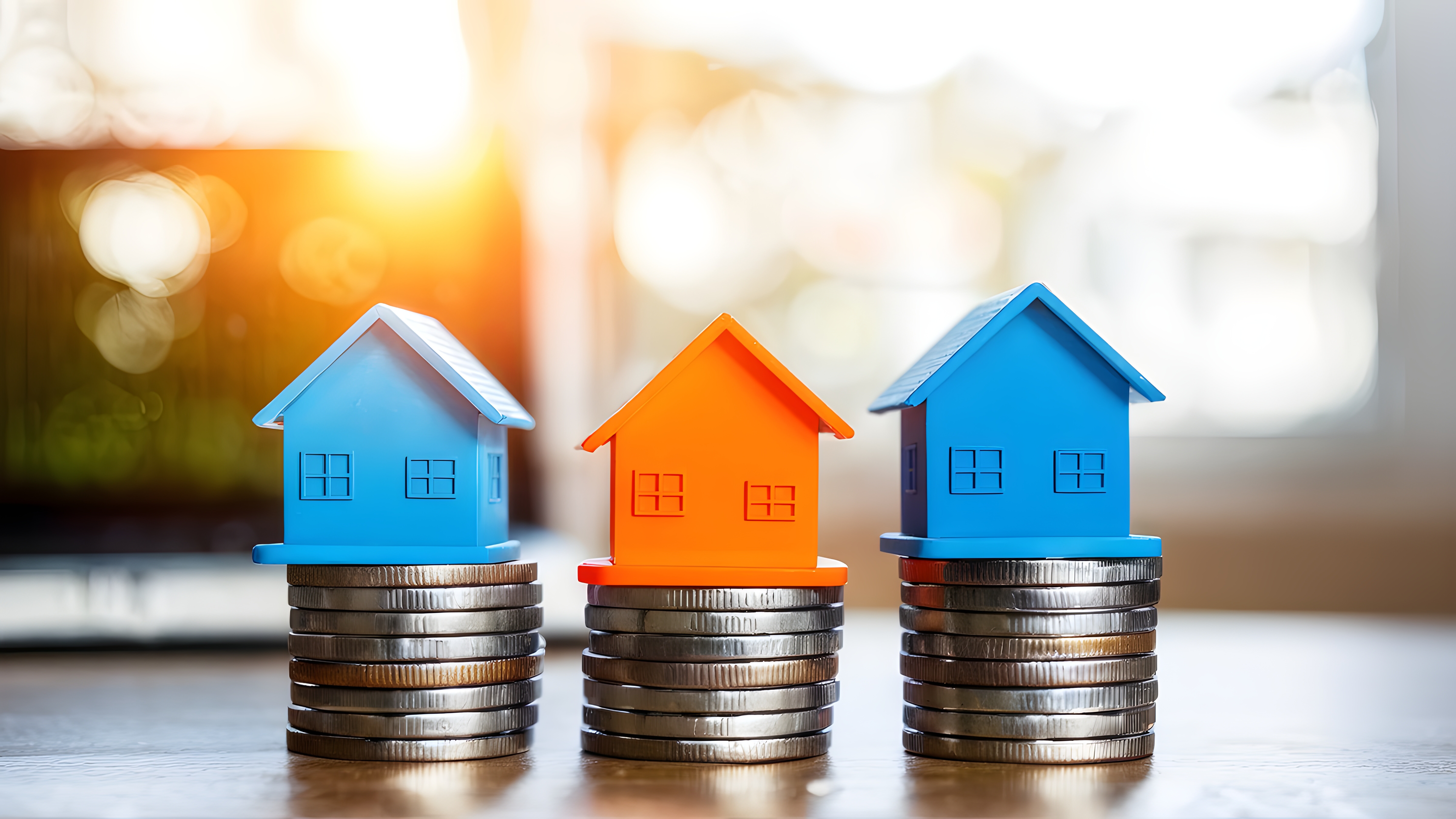 Drei Modellhäuser auf Münztürmen