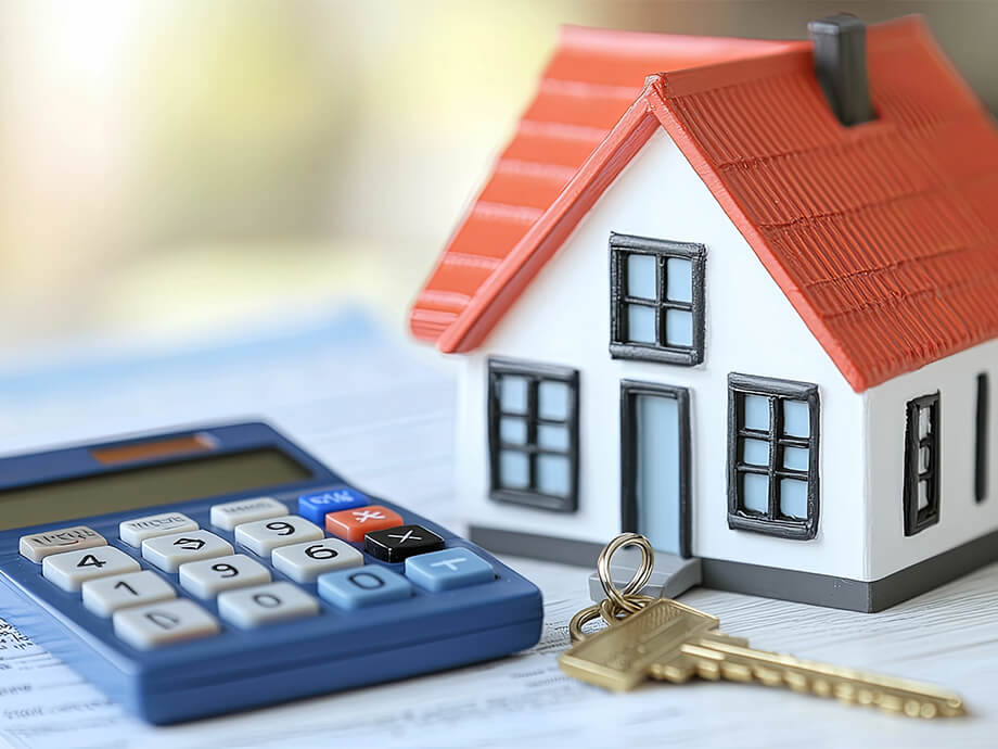 Hausmodell mit Taschenrechner und Schlüssel