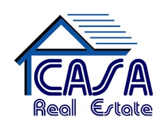 Logo für Casa Real Estate mit einem stilisierten blauen Hausdach über dem Wort CASA und Real Estate darunter in einer passenden blauen Schriftart.