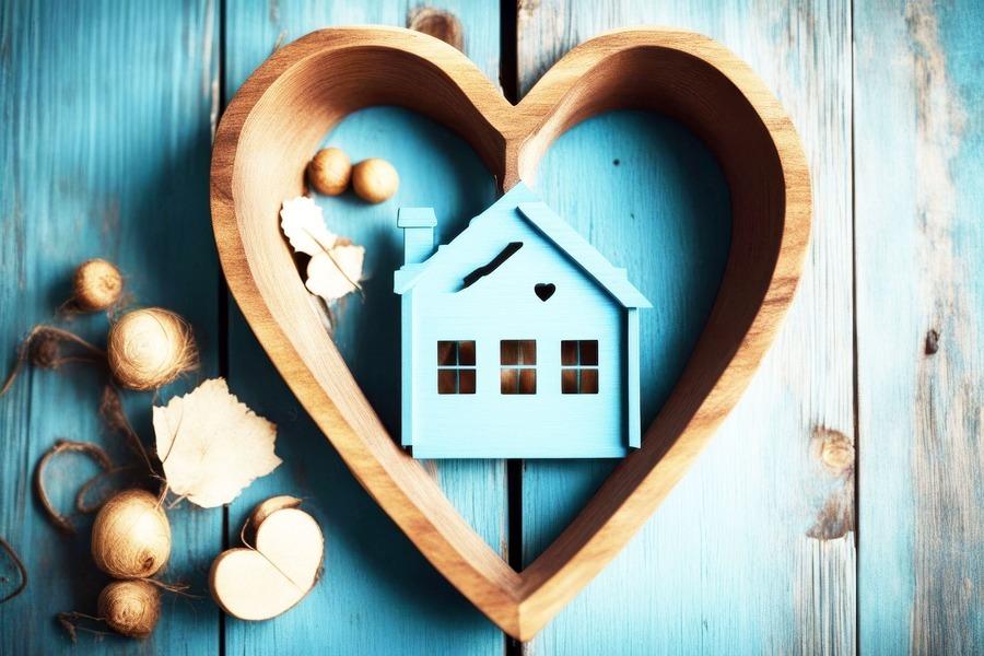 Ein kleines blaues Hausmodell in einem hölzernen Herzrahmen steht auf einer blauen Holzfläche mit dekorativen Eicheln und Blättern in der Nähe.