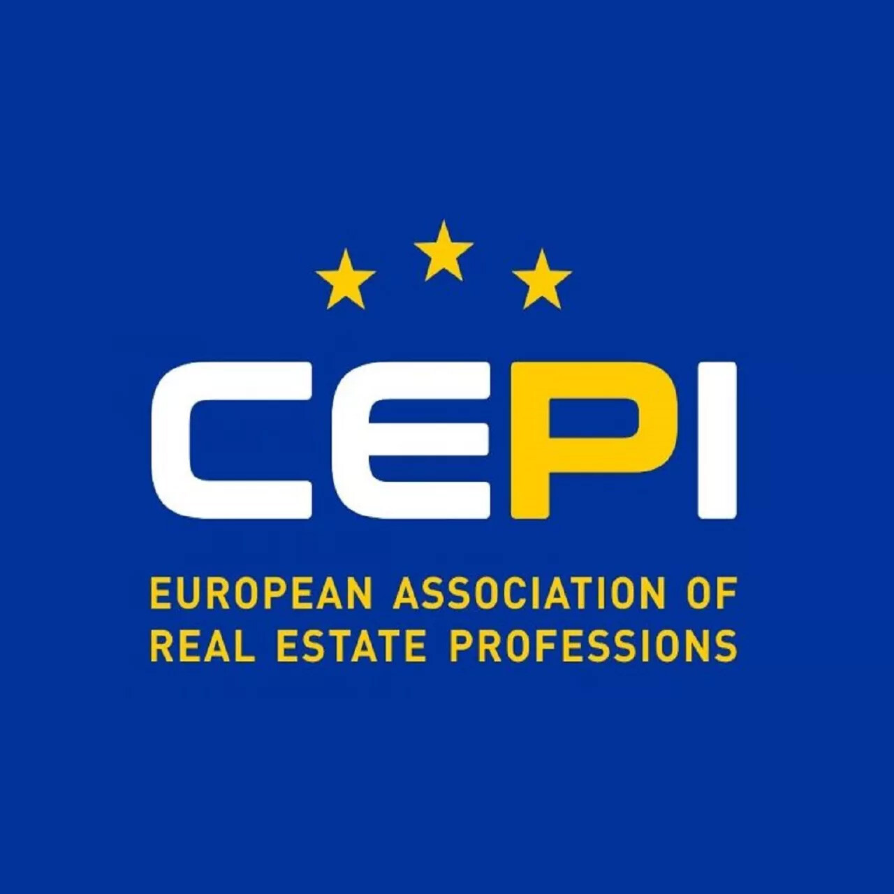 CEPI-Logo, drei gelbe Sterne, Text auf blauem Hintergrund.