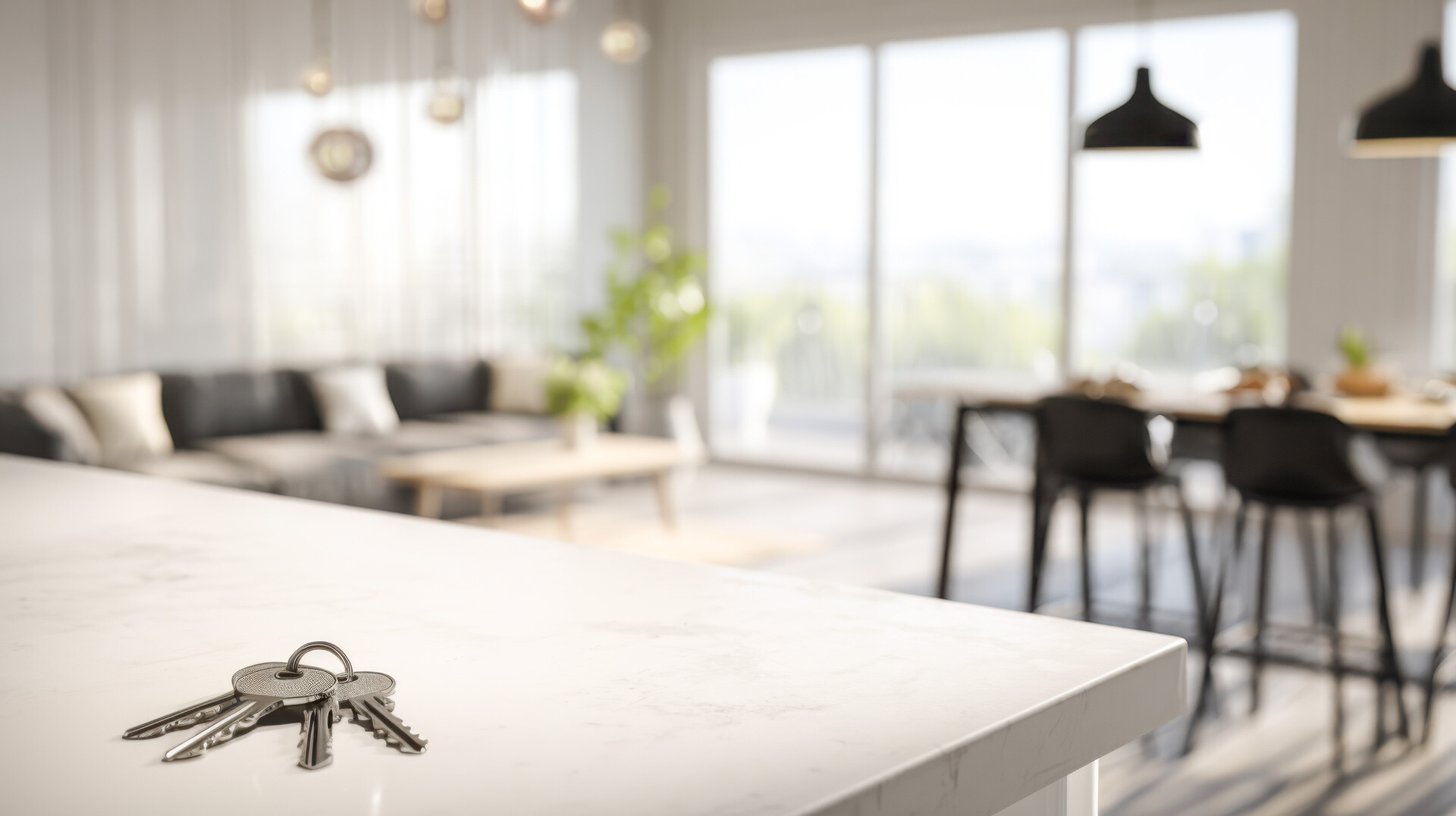 Schlüssel auf einer weißen Arbeitsplatte in einem hellen, modernen Raum.