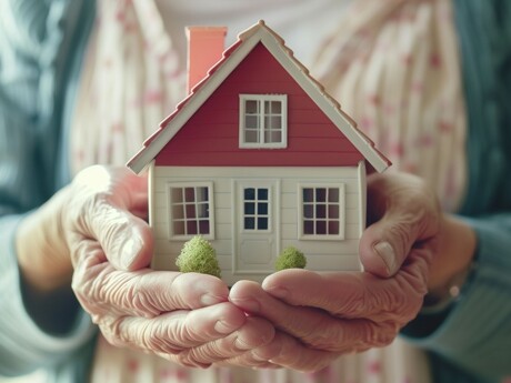Seniorin hält Hausmodell in den Händen
