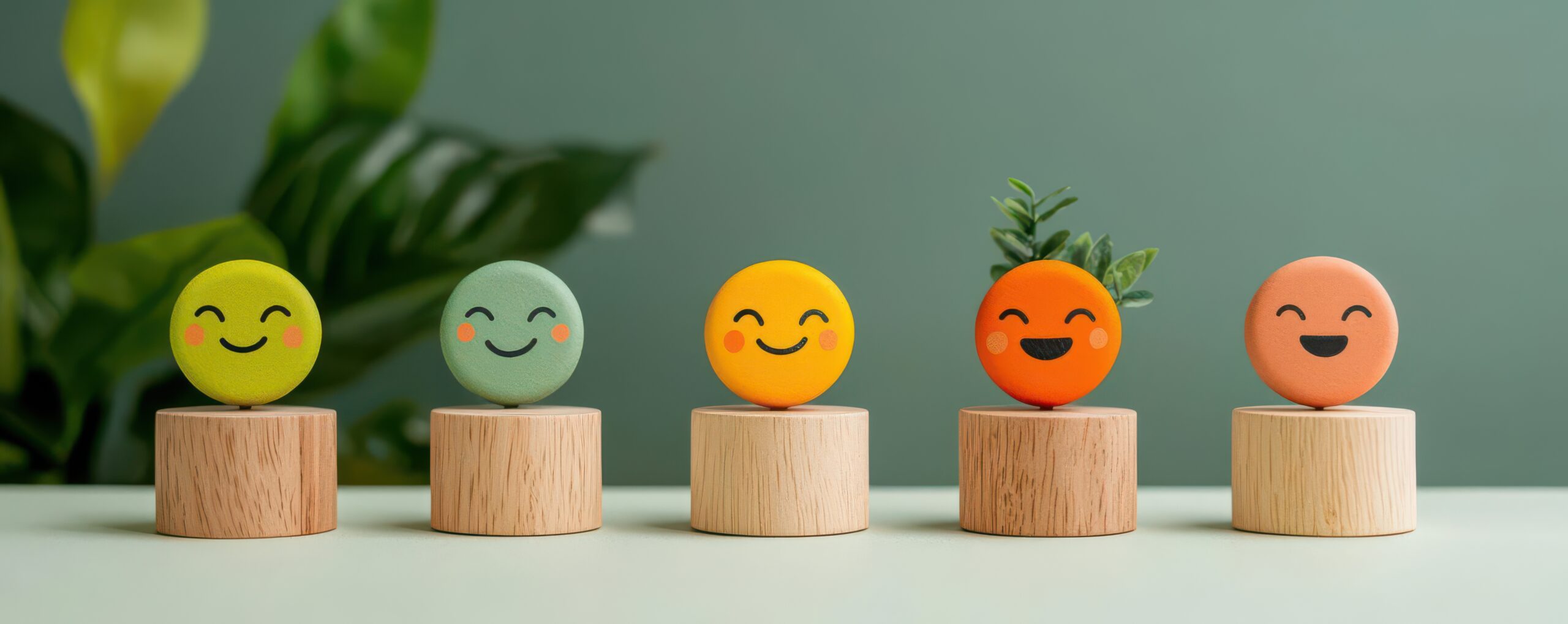 Bunte lachende Gesichter aus Holz