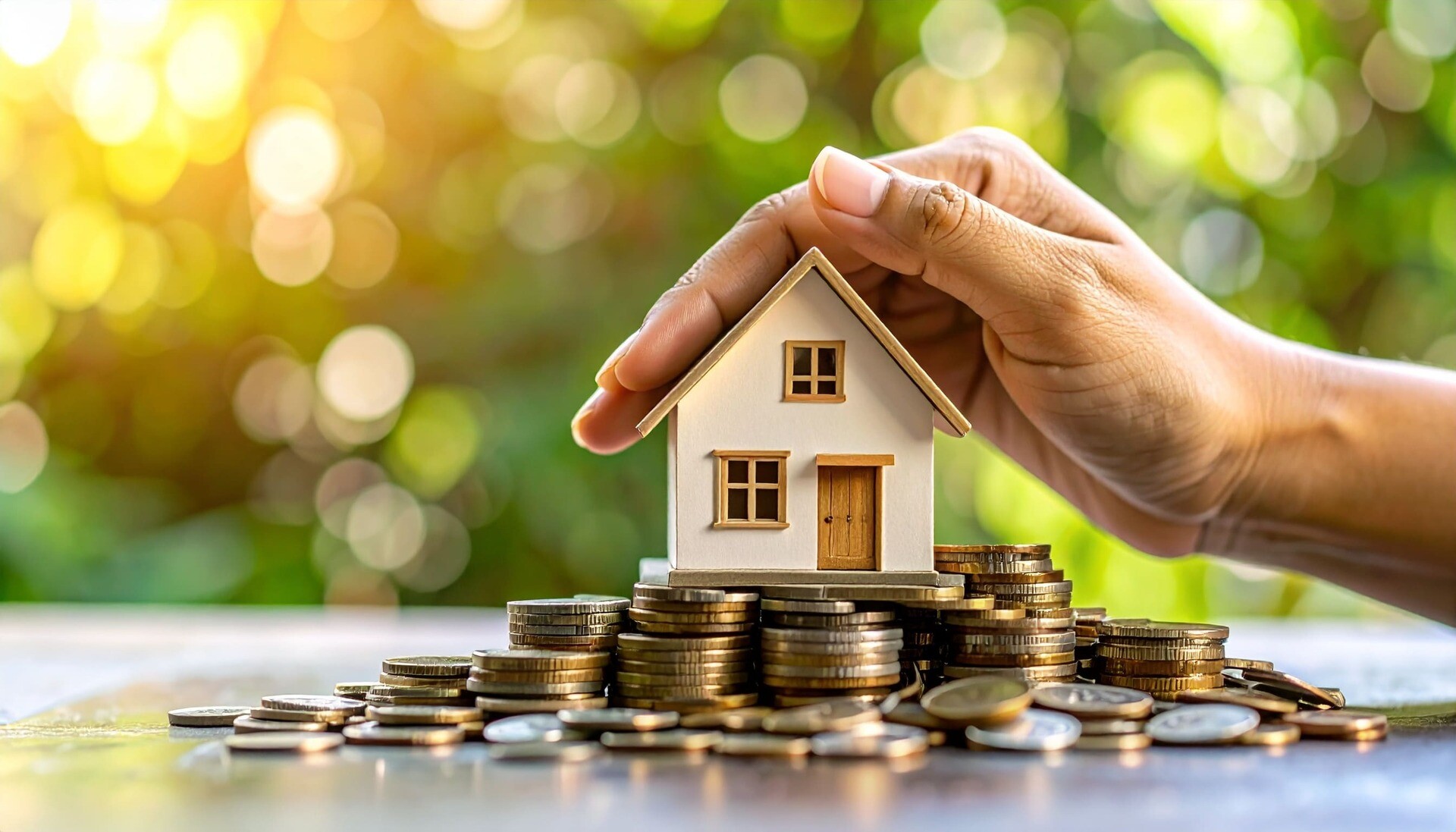 Miniaturhaus auf einem Geldhaufen mit einer Hand über dem Haus