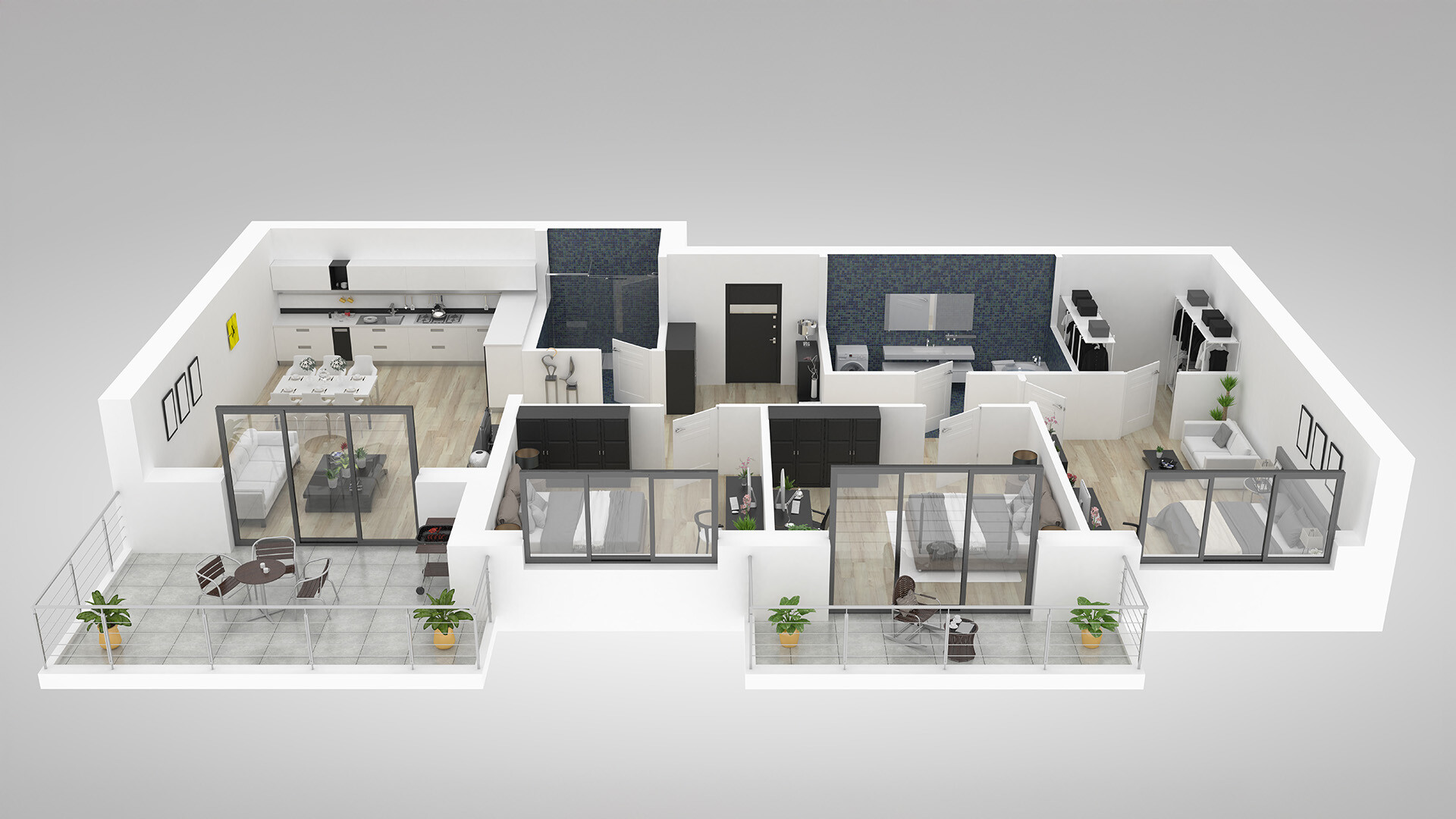 3D-Grundriss einer modernen Wohnung mit 2 Schlafzimmern und Balkon.