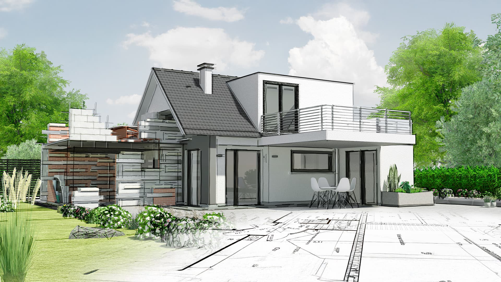Modernes Haus, Skizze trifft Realität, mit Sitzgelegenheiten und Grünflächen.