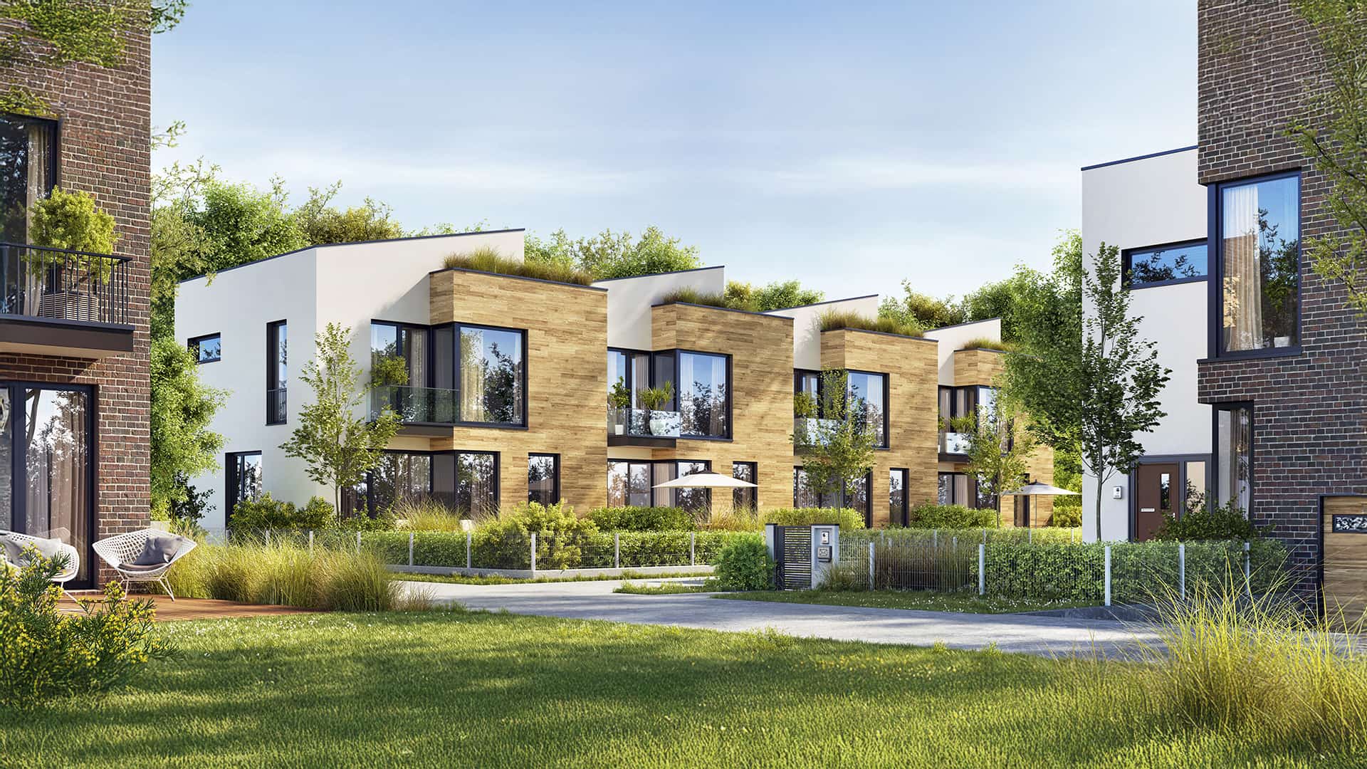 Stadthäuser mit großen Fenstern, Holzverkleidung und Grünanlagen.