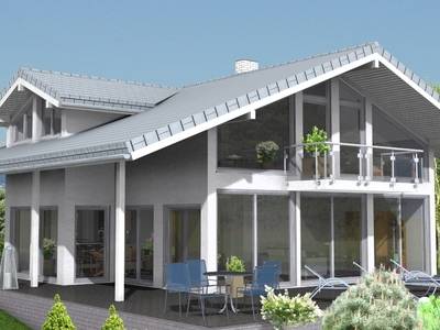 Haus mit Blick auf Balkon und große Fenster