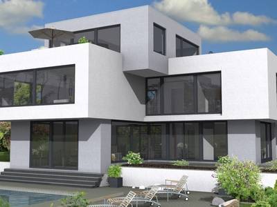 Villa mit großen Fenstern und Pool