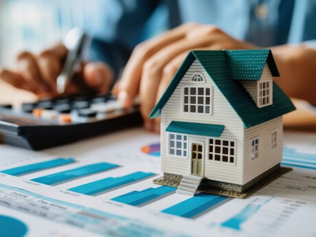 Modellhaus mit Taschenrechner und Statistiken