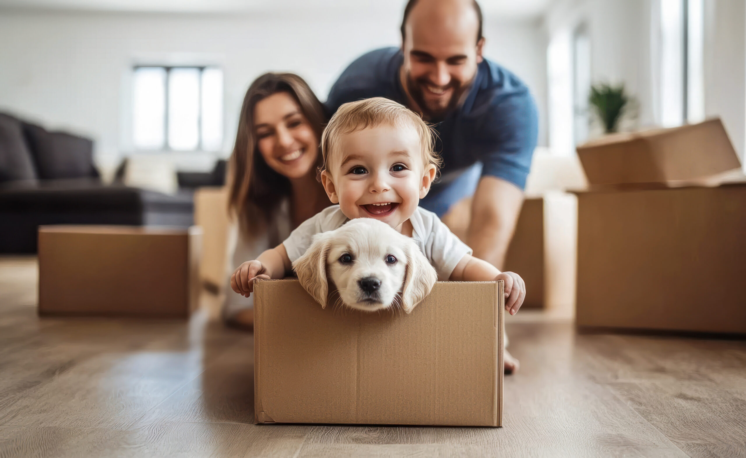 Baby mit Hund in Karton