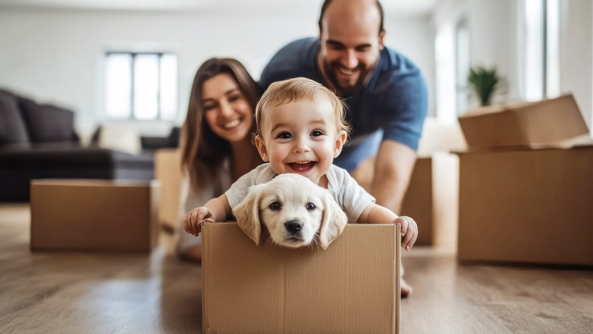 Baby mit Hund in Karton