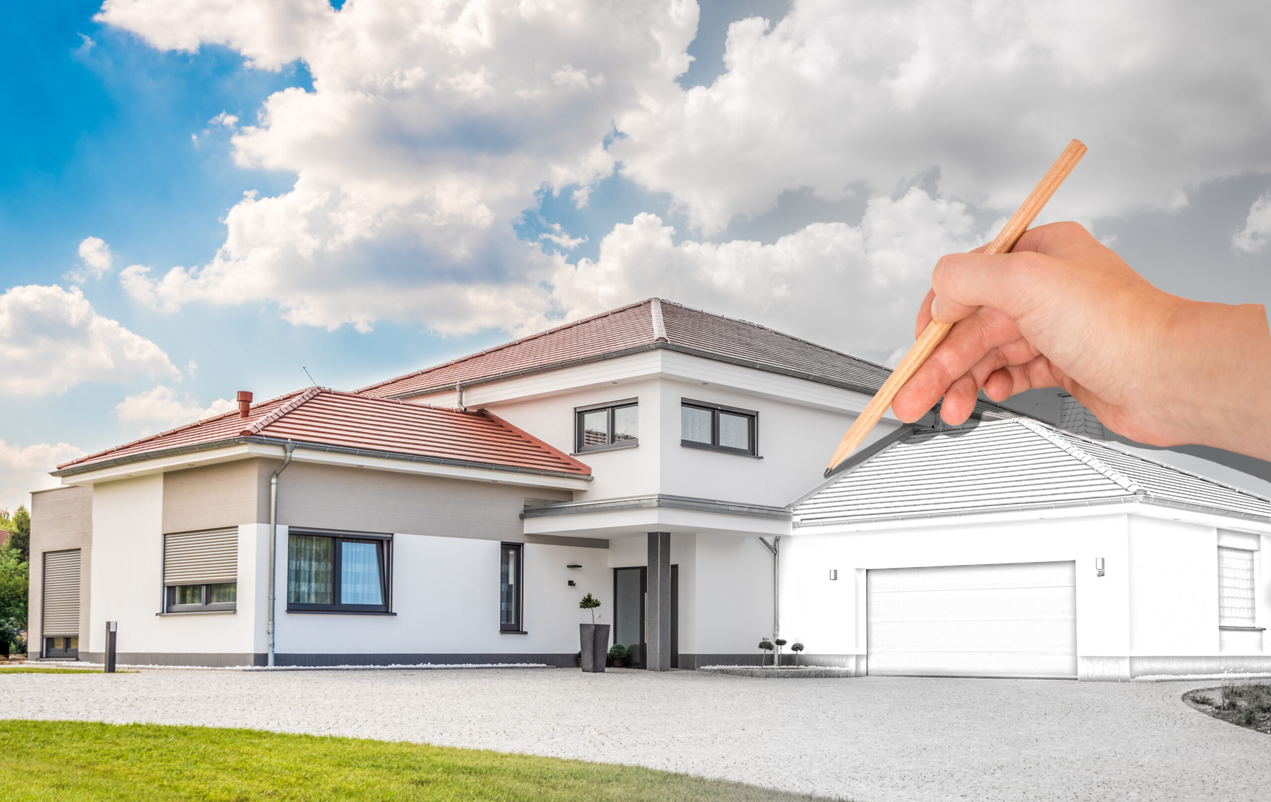 Hand skizziert Garage an Haus