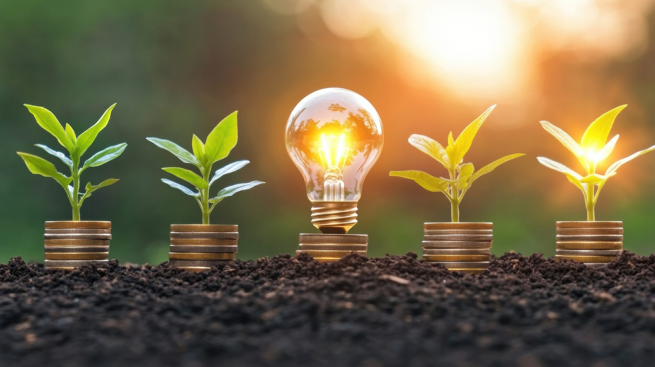 Münztürme mit Pflanzen und Glühbirne