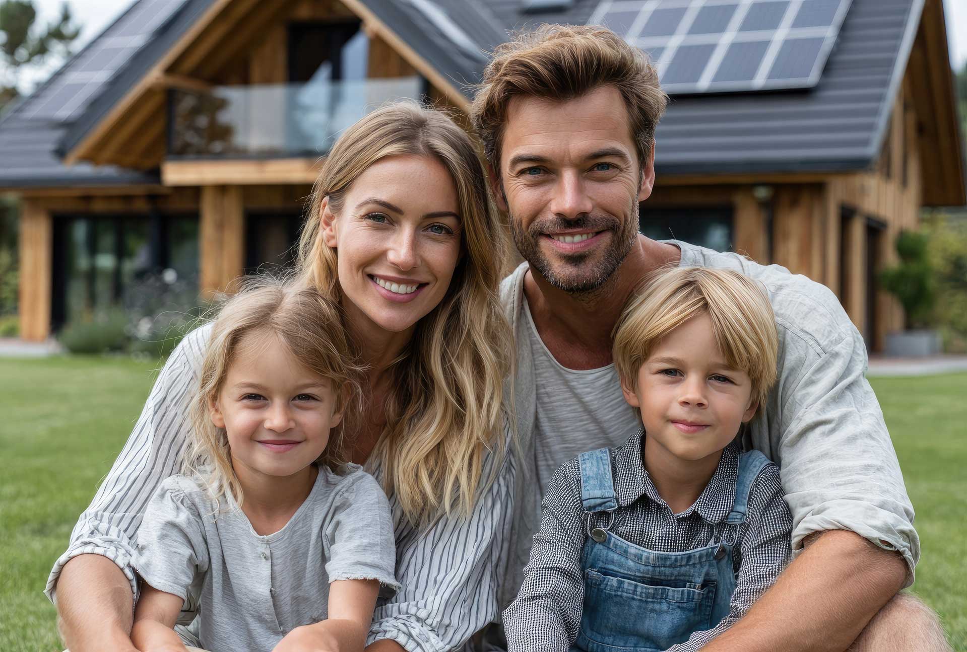 Glückliche vierköpfige Familie vor einem Haus