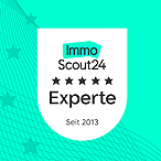 ImmoScout24 Experte Abzeichen, fünf Sterne, Seit 2013, türkis.