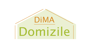 Hausumriss mit Schriftzug "DiMA Domizile" in Orange-Grün.