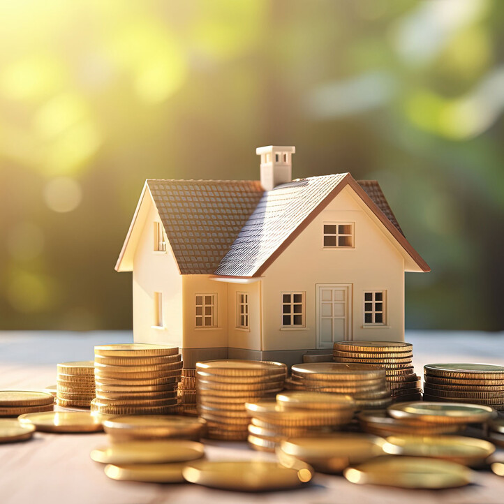 Modellhaus mit Münzen als Symbol für die Immobilienfinanzierung
