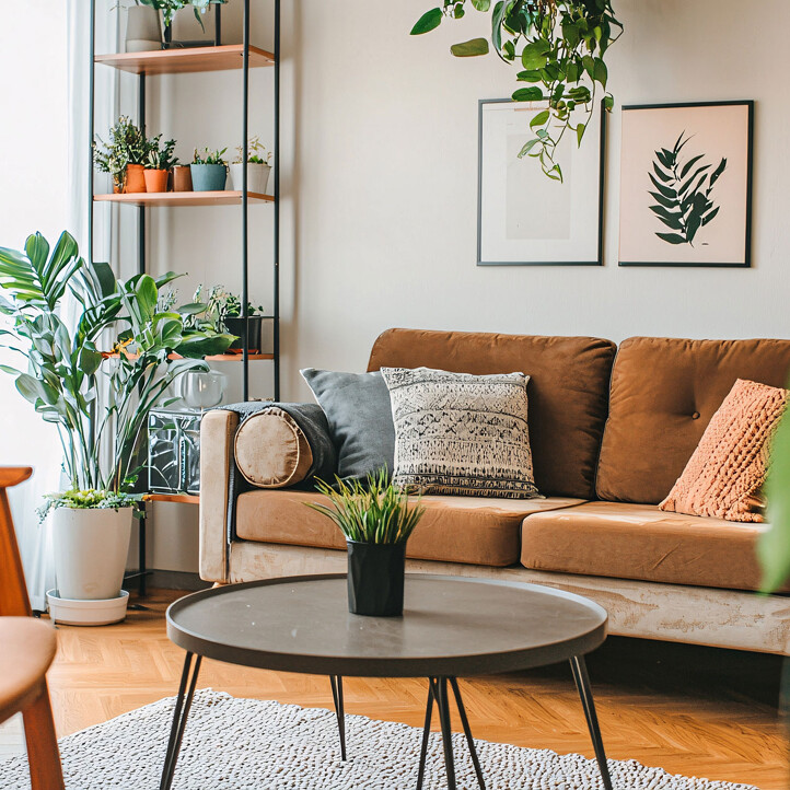 Moderne Mietwohnung mit Couch und verschiedenen Pflanzen