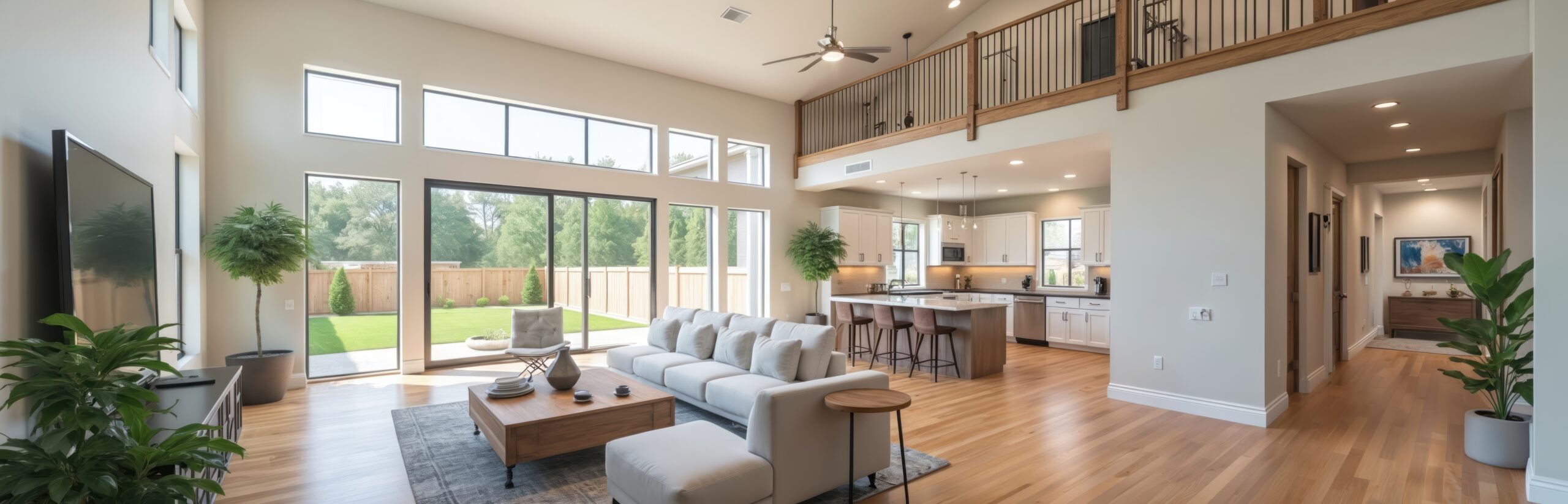 Offenes Wohnzimmer und Küche, Holzböden, große Fenster, Blick auf den Hof.