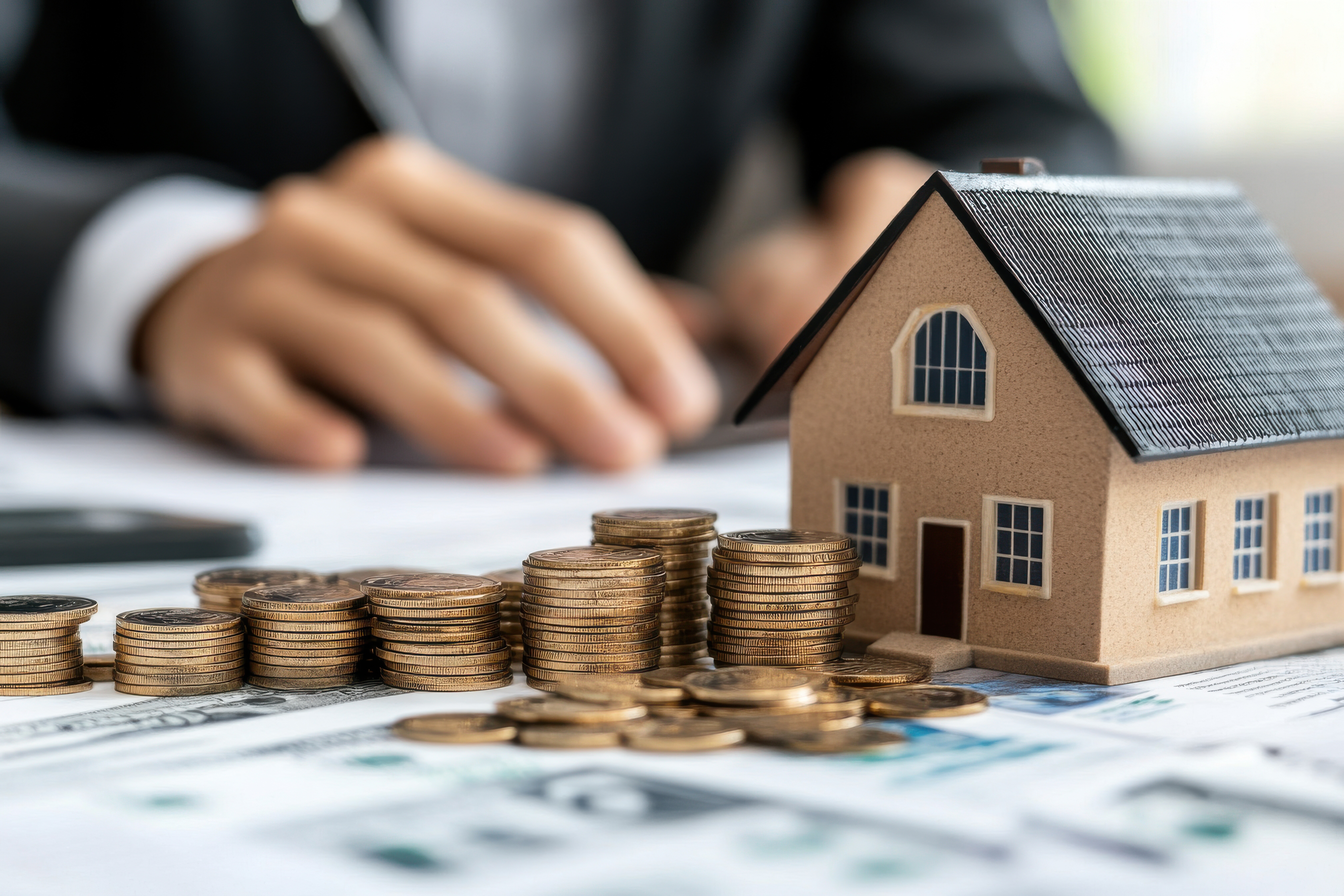 Person unterschreibt Dokumente neben Hausmodell und Münzen.