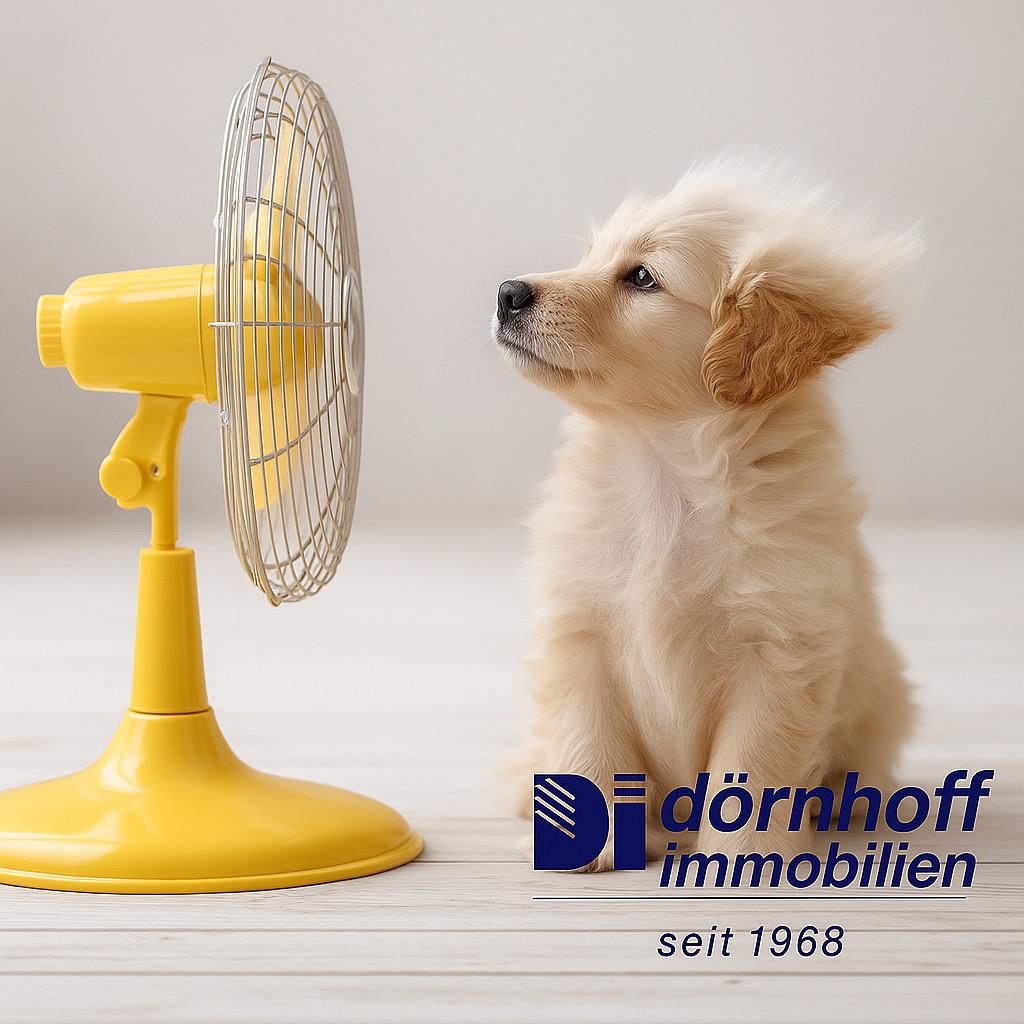 Hundewelpe vor gelbem Ventilator