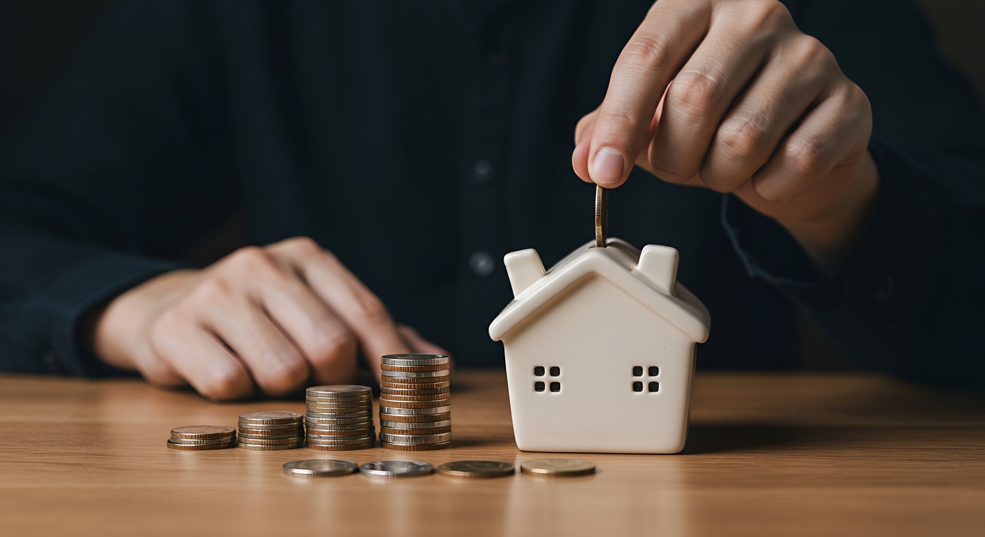 Mann wirft Münze in Hausspardose