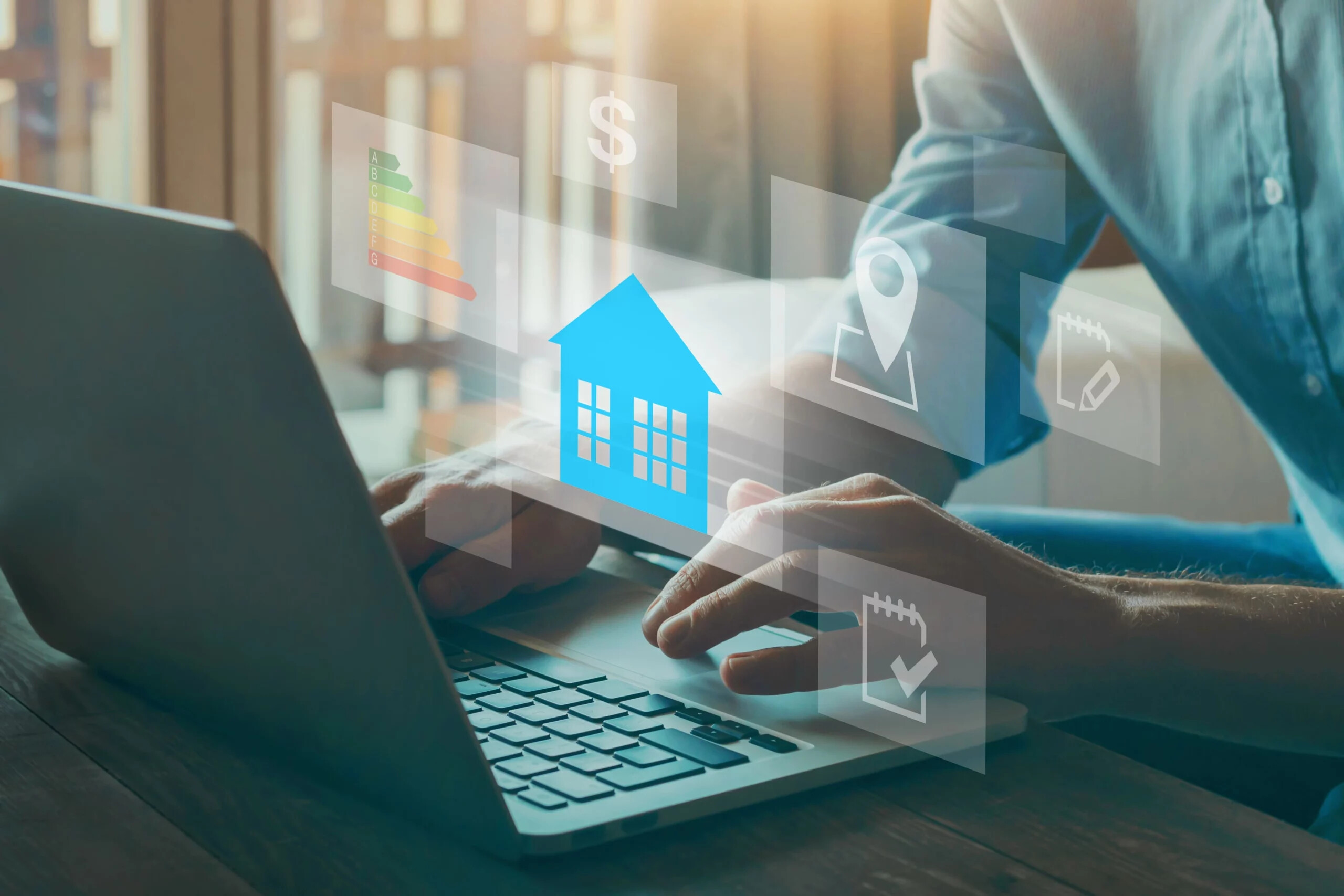 Laptop mit digitalen Immobilien- und Finanzsymbolen darüber.