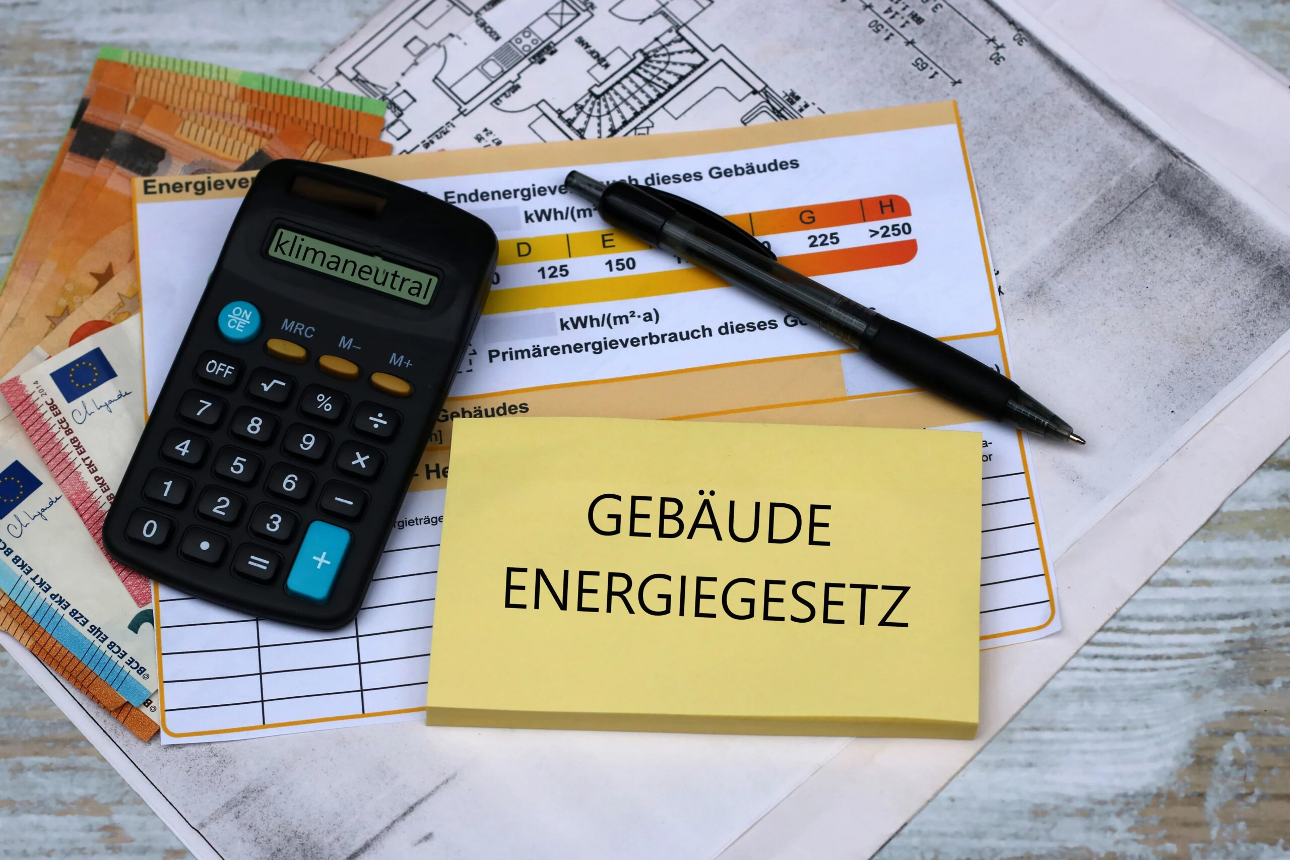 Taschenrechner, Stift, Euro und Zettel mit "Gebäudeenergiegesetz".