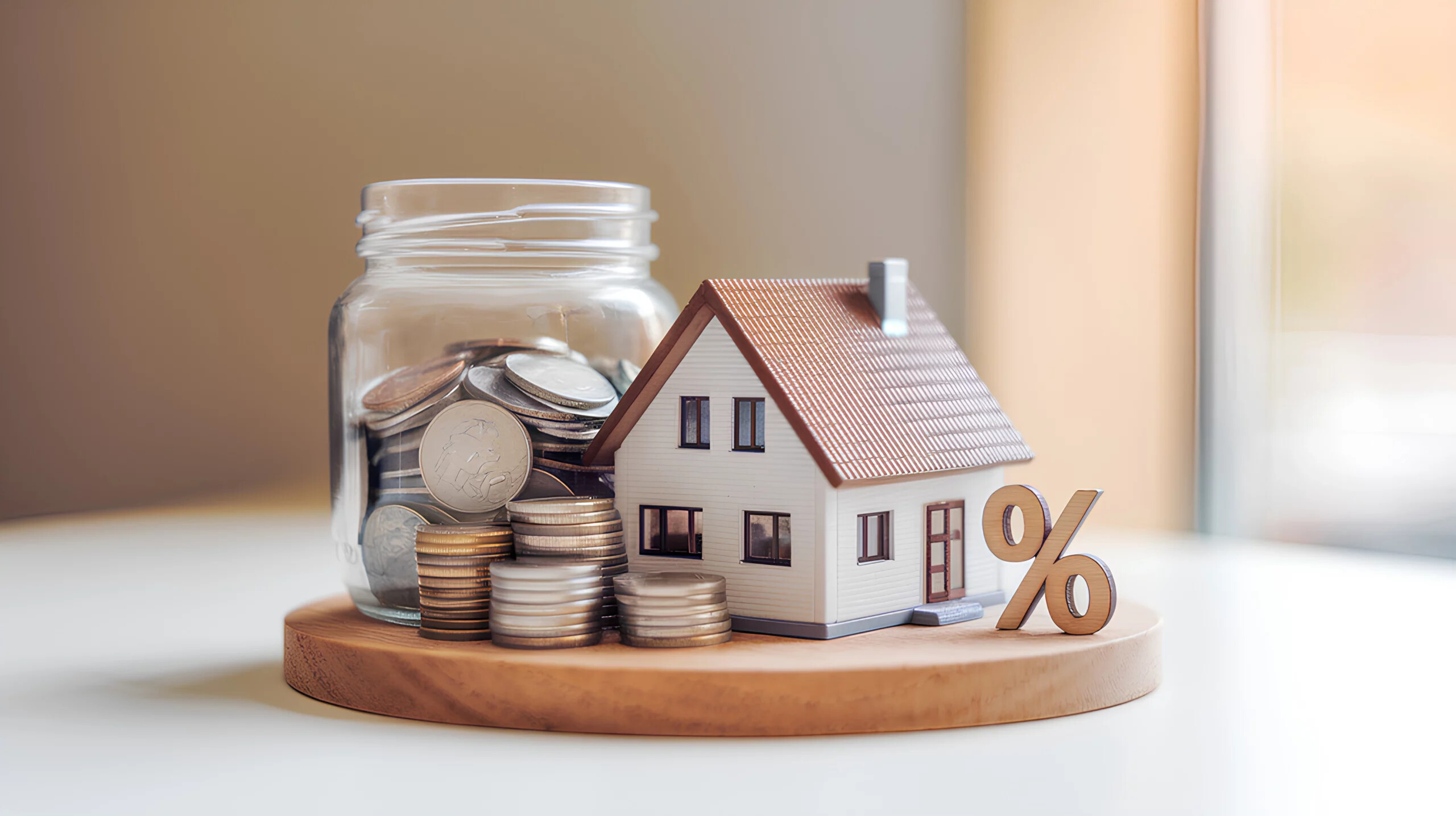 Glas mit Münzen, Hausmodell und Prozentzeichen auf einem Tablett.