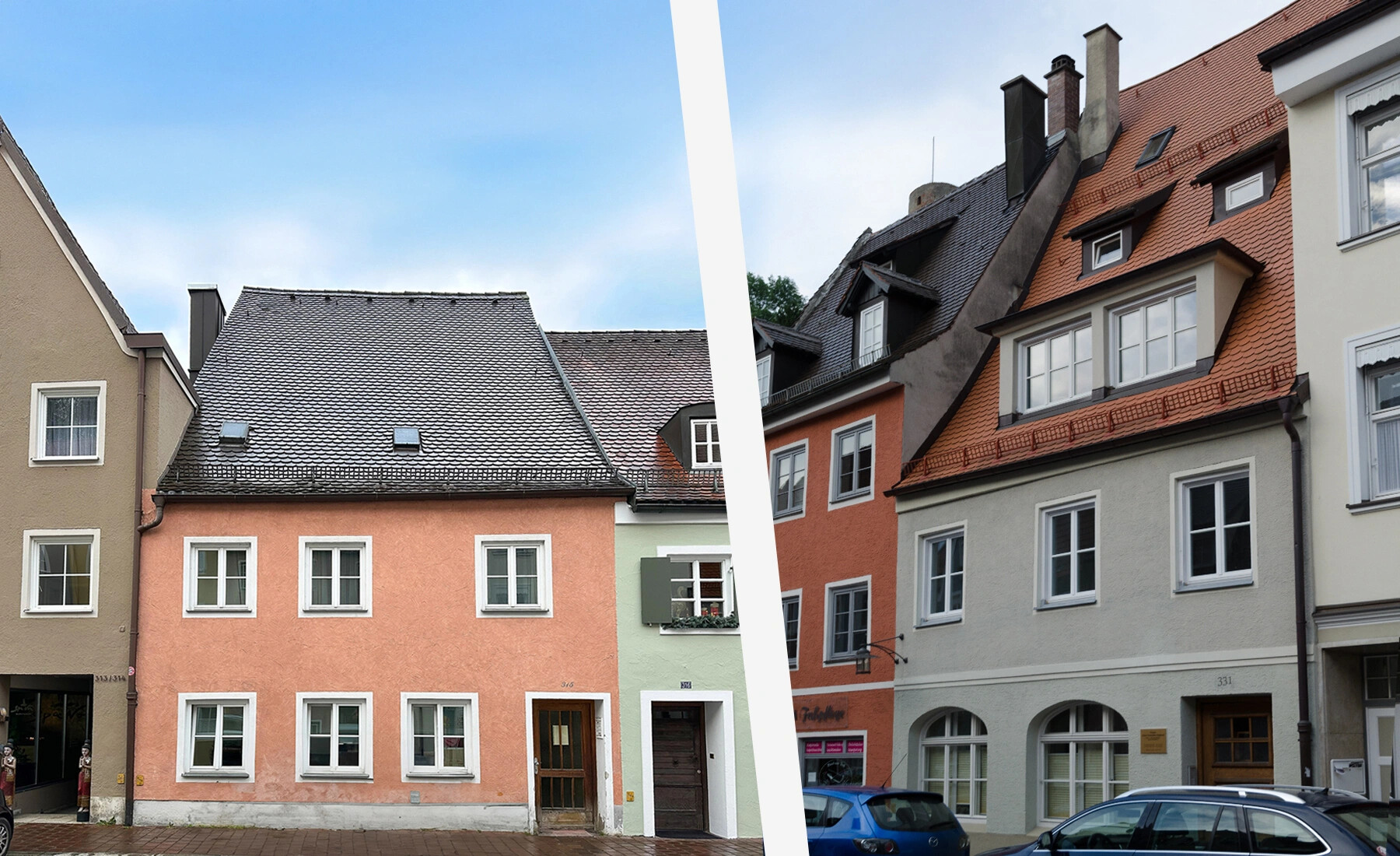 Zwei europäische Häuser mit Pastellfassaden und steilen Dächern.