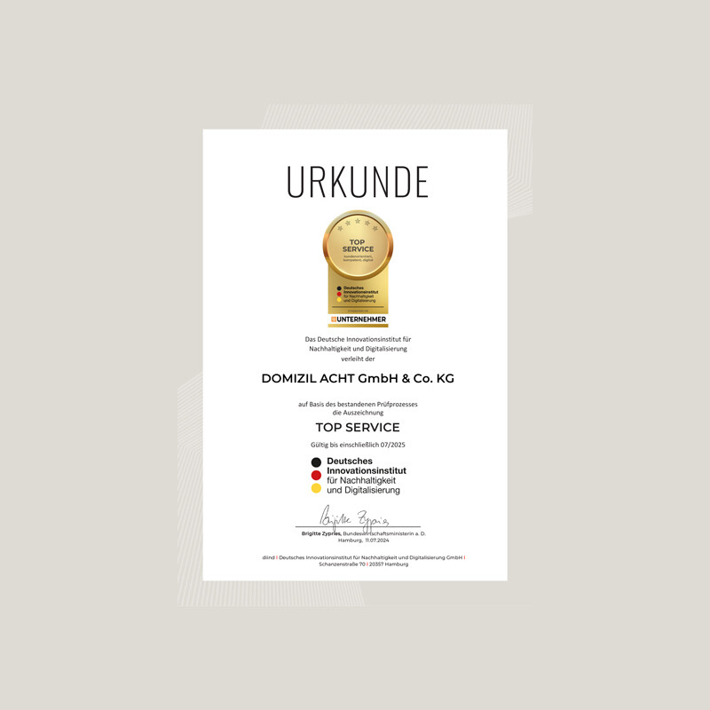 Urkunde für DOMIZIL ACHT GmbH & Co. KG - Spitzenleistung.