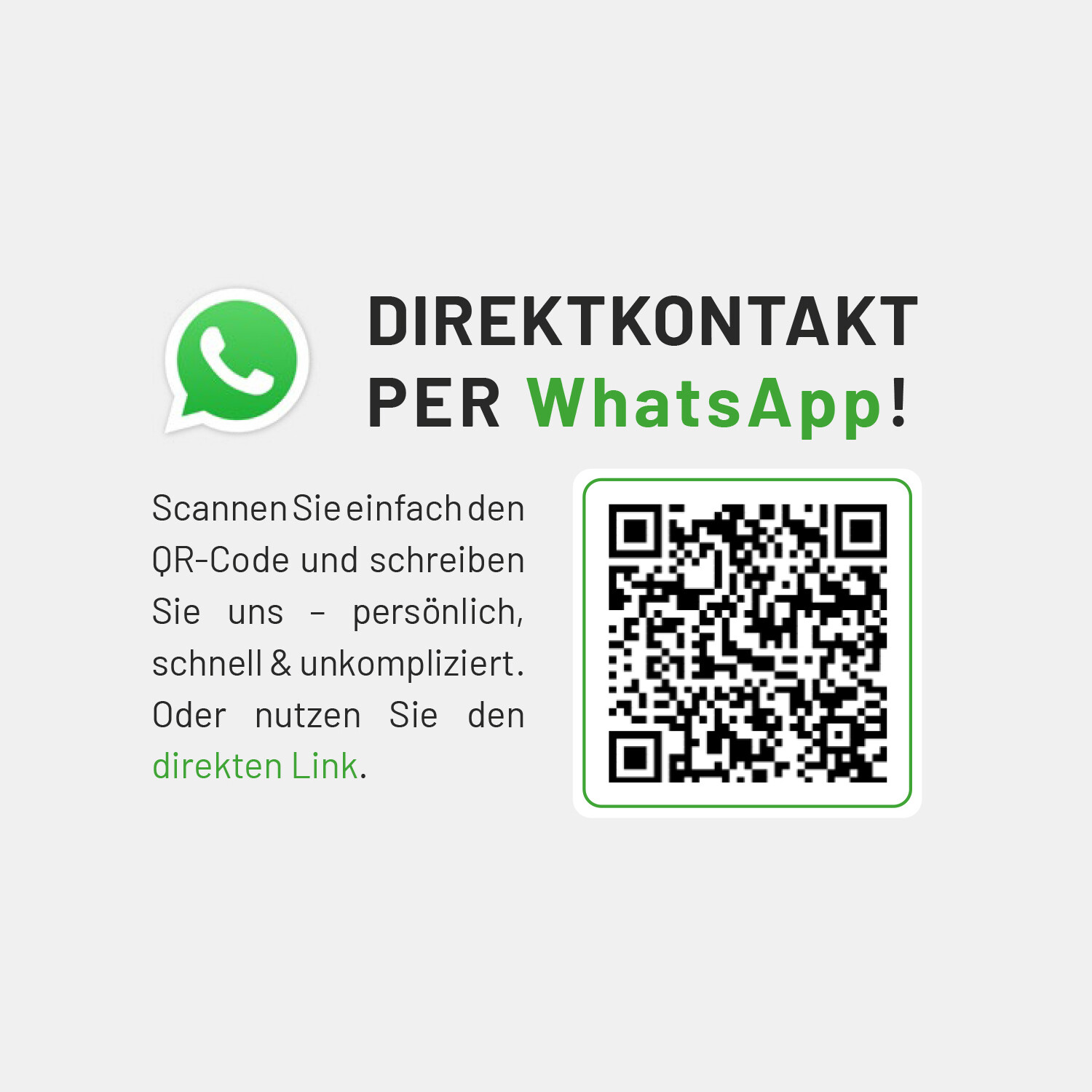WhatsApp-Kontaktinfo mit QR-Code und deutschem Kontakttext.