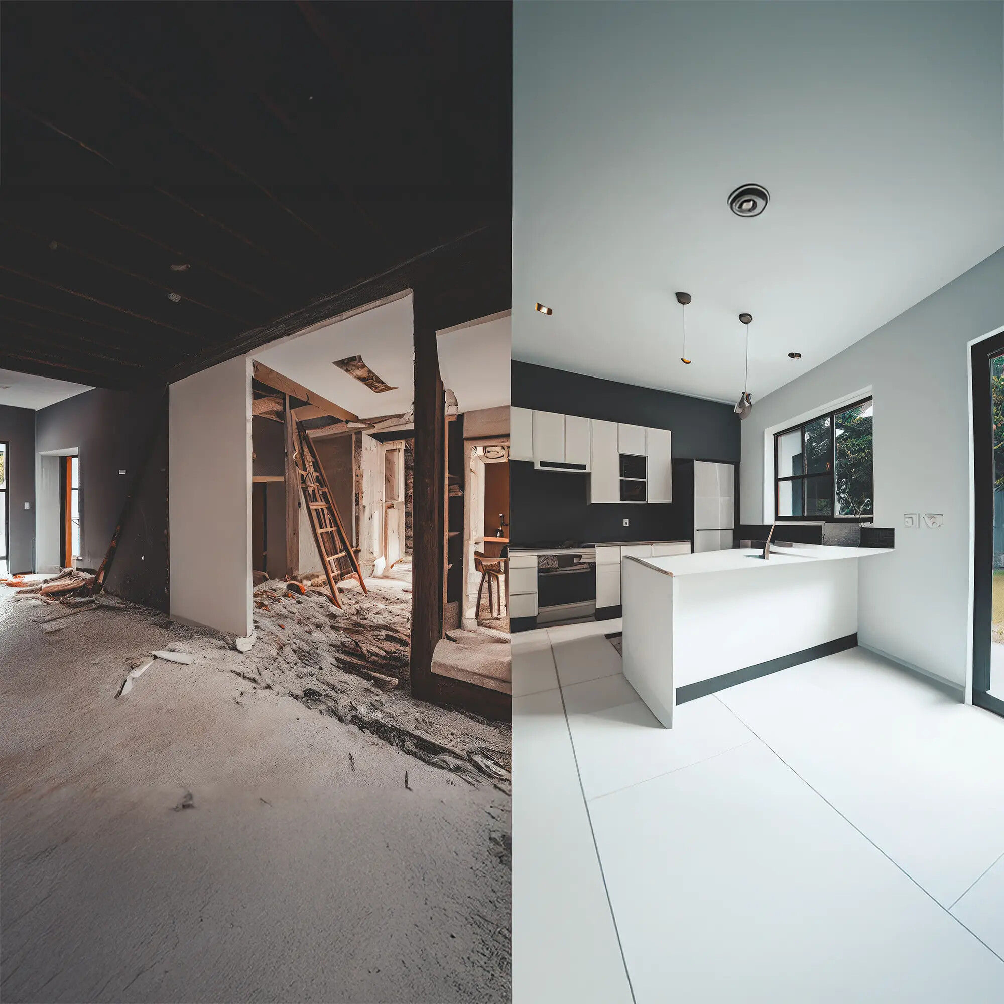 Küche vor und nach der Renovierung, links im Bau, rechts fertig.