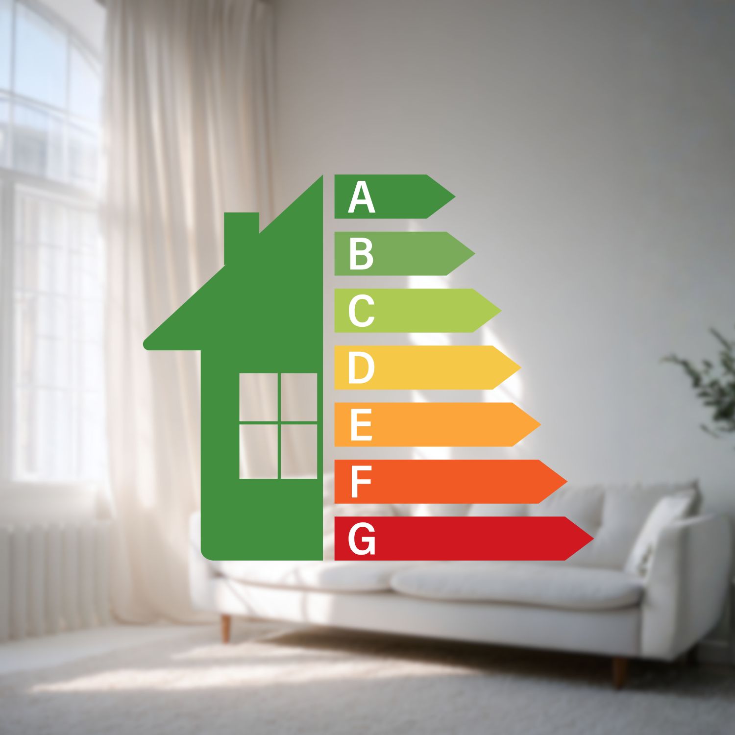 Hausförmige Effizienzskala vor hellem Wohnzimmer-Hintergrund.