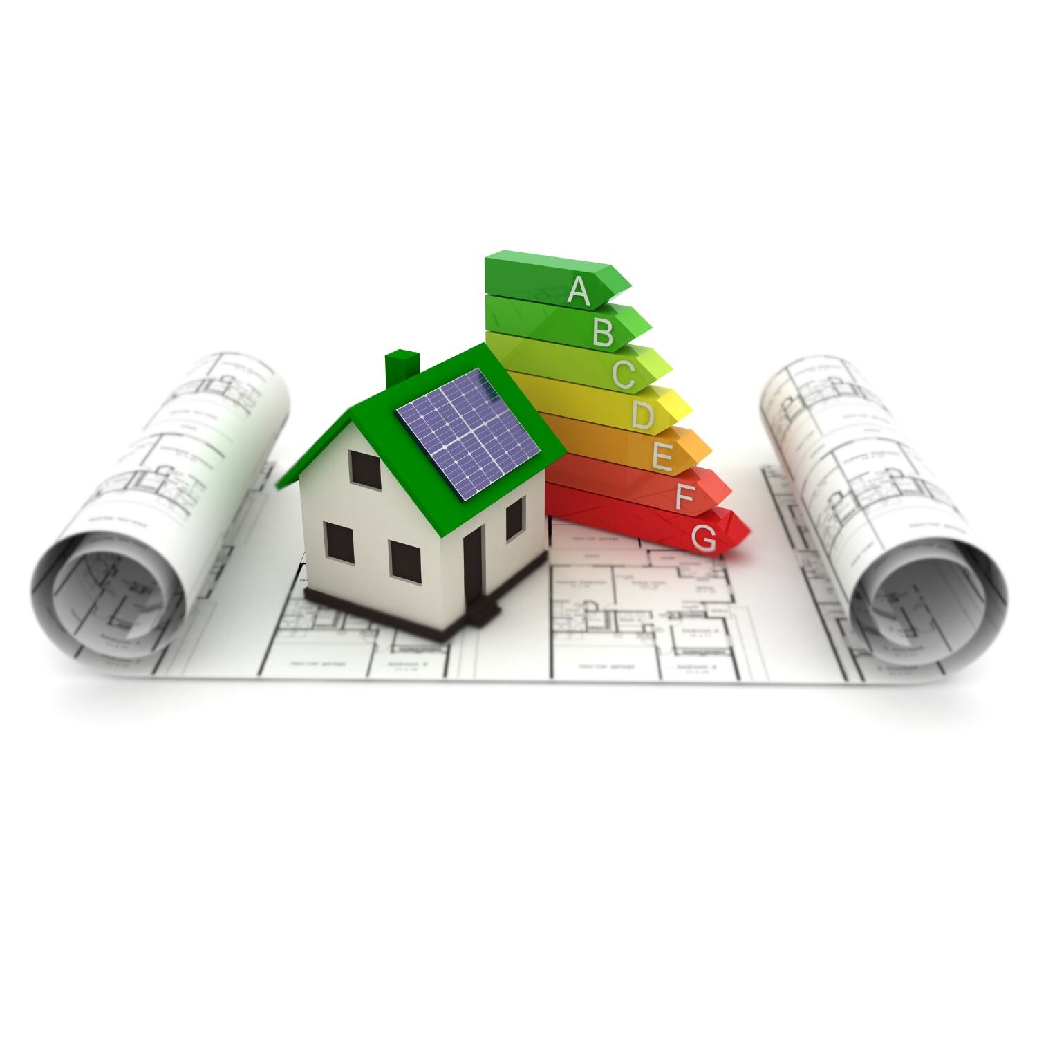 Modellhaus, Solarmodul, Baupläne, Energiebewertungskarte A-G.
