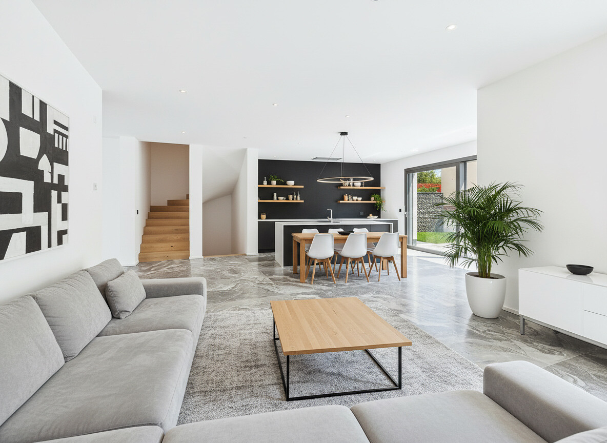 Wohnzimmeransicht mit offener Küche, Couch und Esstisch