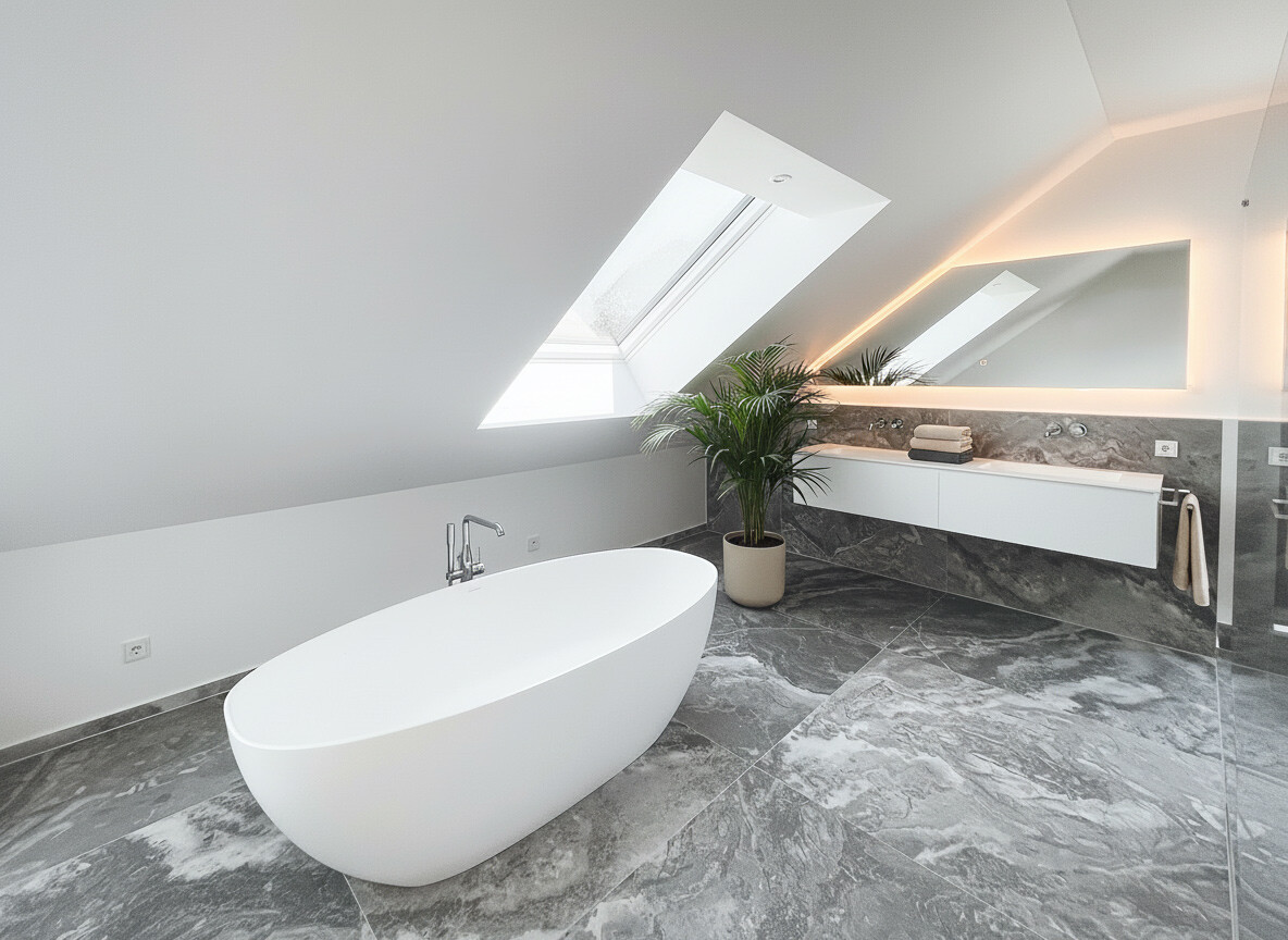 Bad mit freistehender Wanne, Waschtisch und Dachfenster