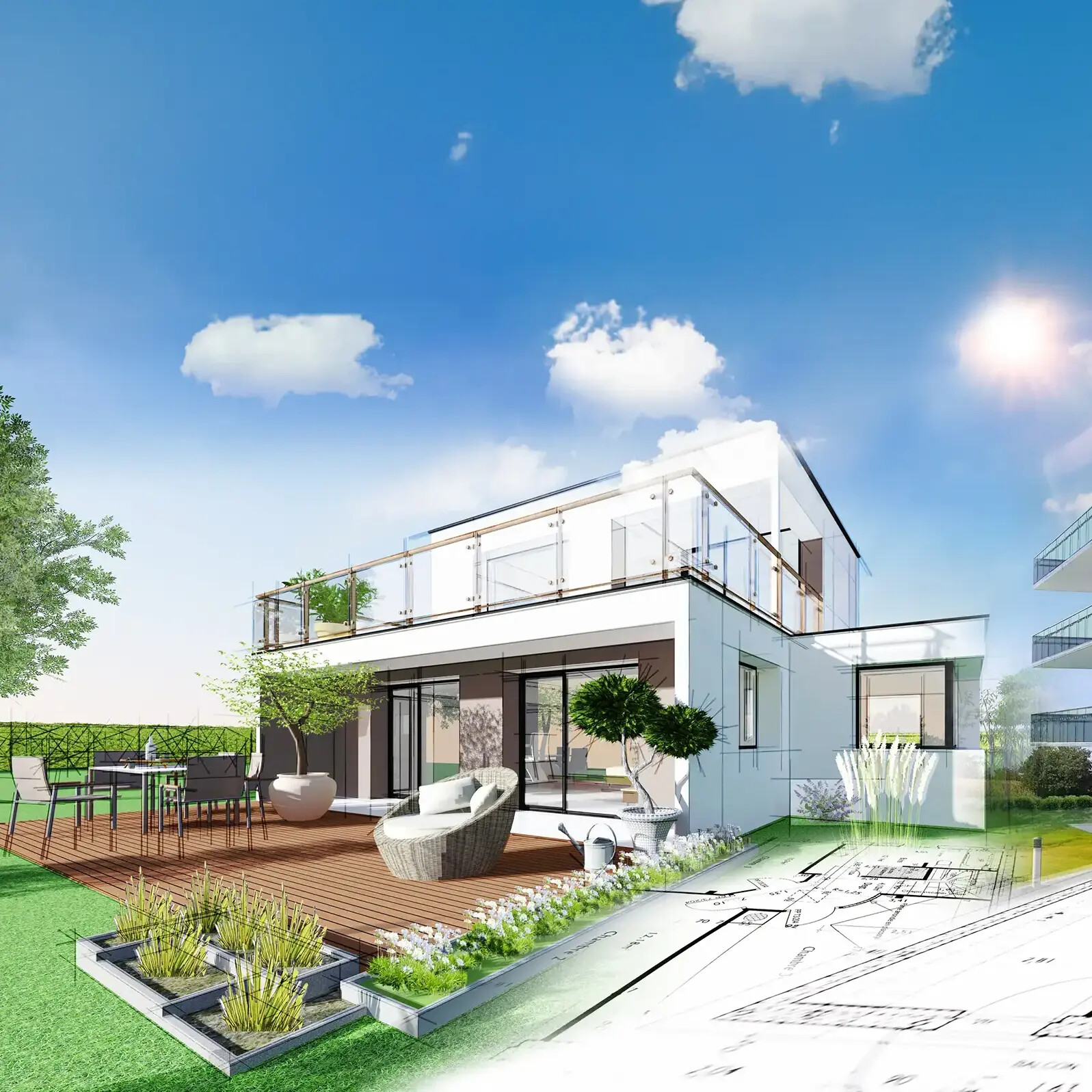 Zweistöckiges Haus mit Garten, Terrasse und Bauplänen draußen.