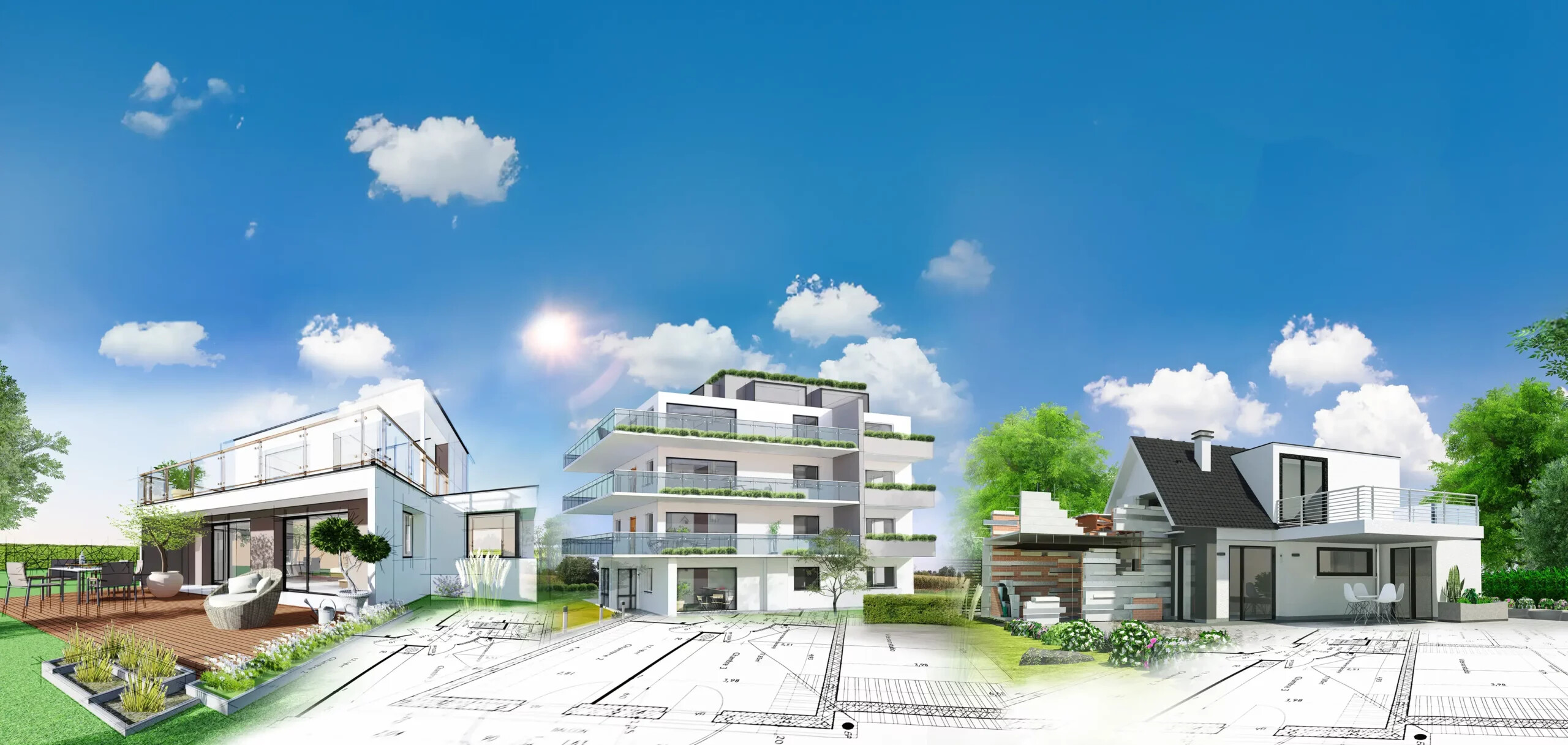 Häuser und Gebäude mit Bauplänen vor blauem Himmel.