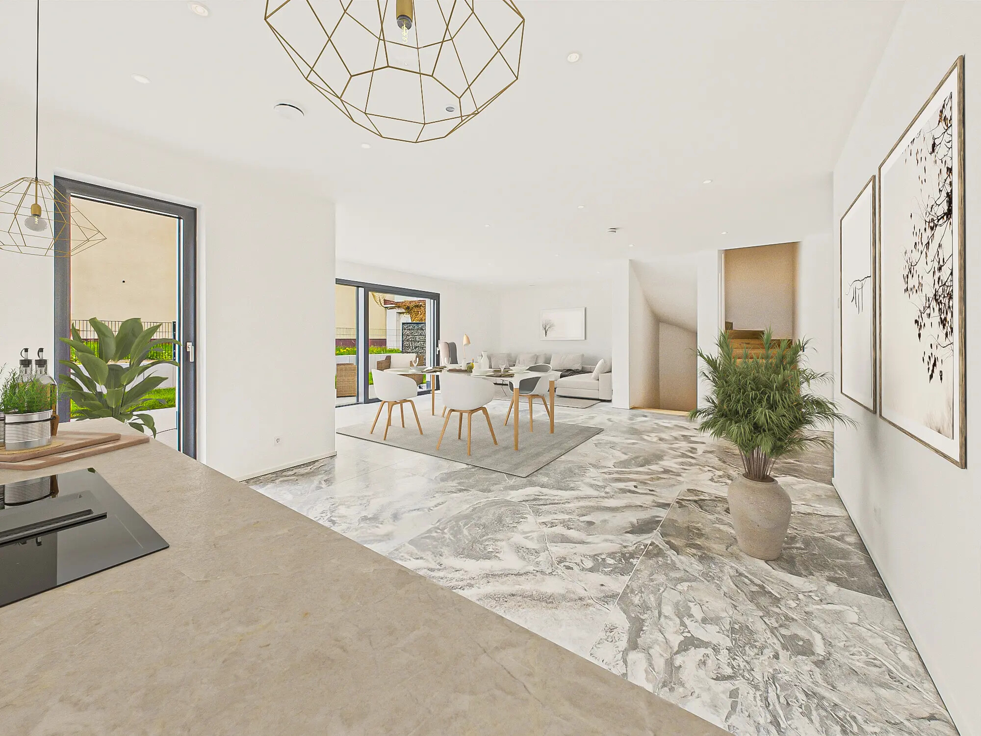 Wohn- und Essbereich mit Marmorboden, weißen Wänden, stilvollen Möbeln.