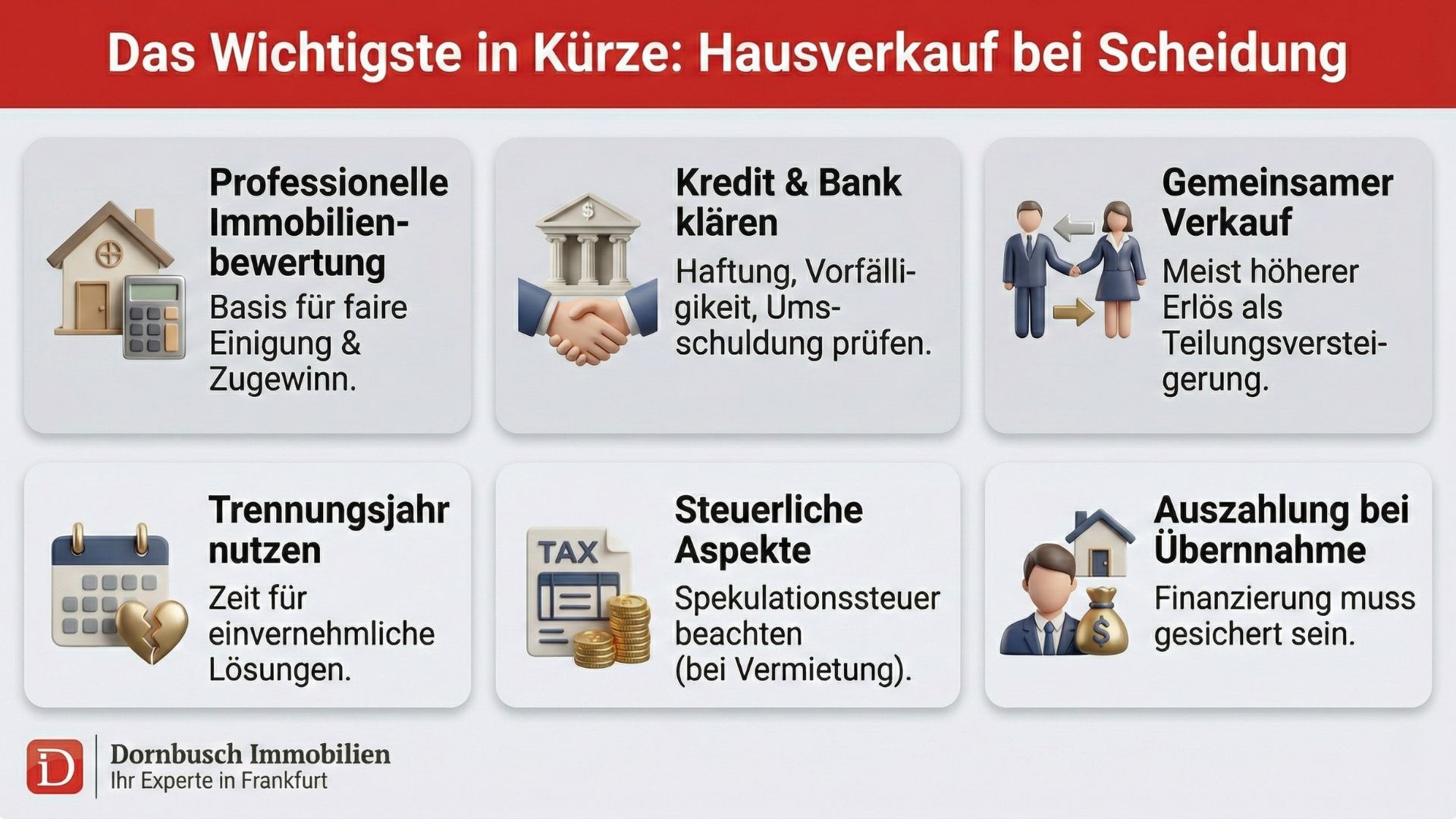 Hausverkauf bei Scheidung Übersicht mit Immobilienbewertung, Bankklärung, gemeinsamem Verkauf und steuerlichen Aspekten