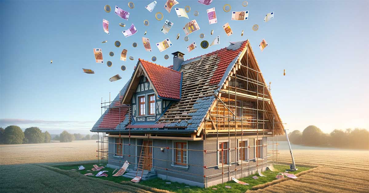 Haus eingerüstet, Dach teilweise abgedeckt