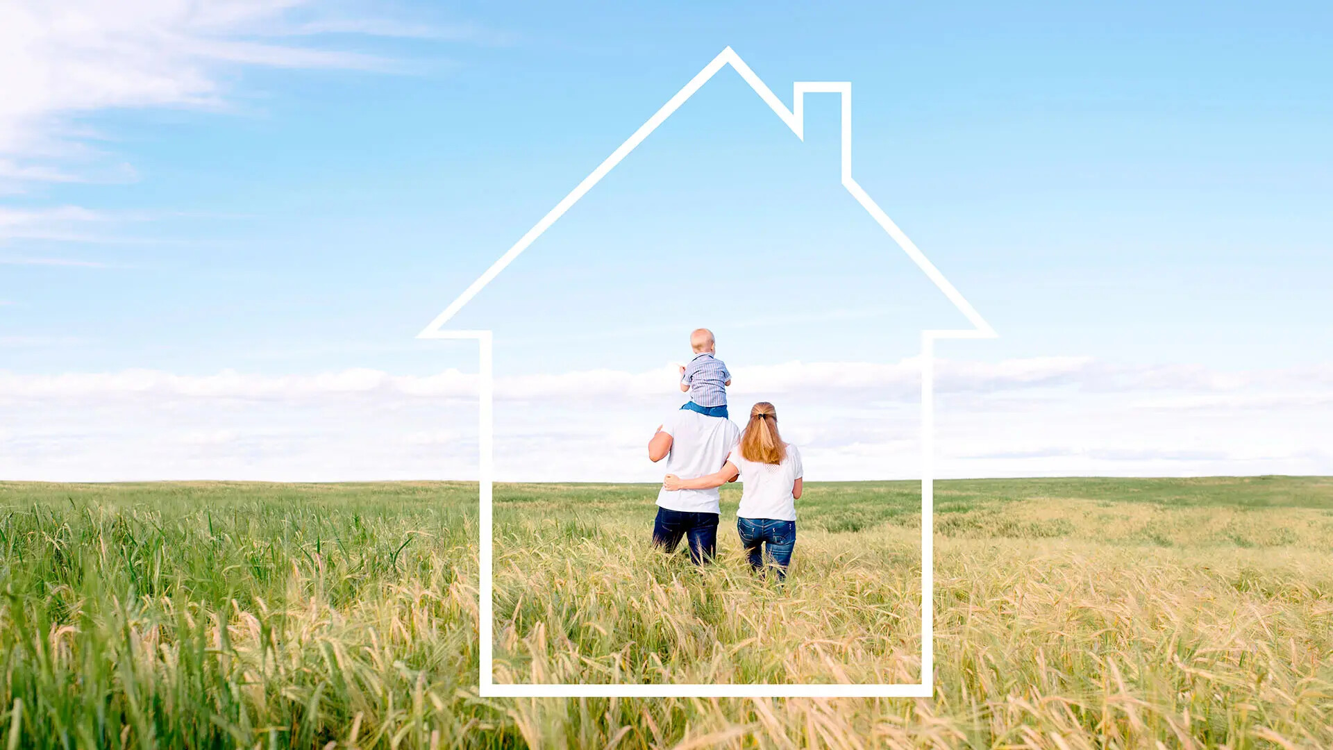 Familie in der Natur, umrandet vom Haussymbol