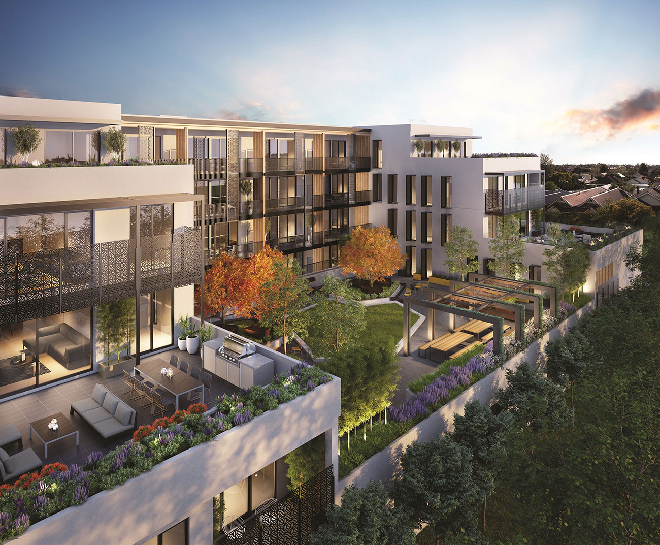 Luftaufnahme einer modernen Wohnanlage mit Mehrfamilienhäusern